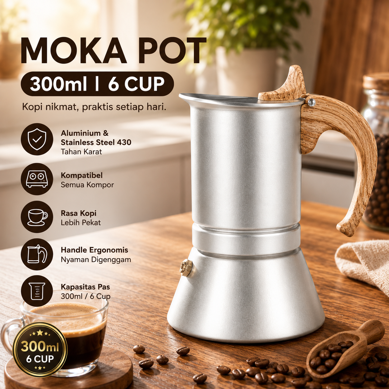 One Two Cups Moka Pot Teko Kopi Espresso Coffee Maker Stovetop 6 Cup 300ml - Z75 Gambar produk One Two Cups Moka Pot Teko Kopi Espresso Coffee Maker Stovetop 6 Cup 300ml - Z75 - Utama
