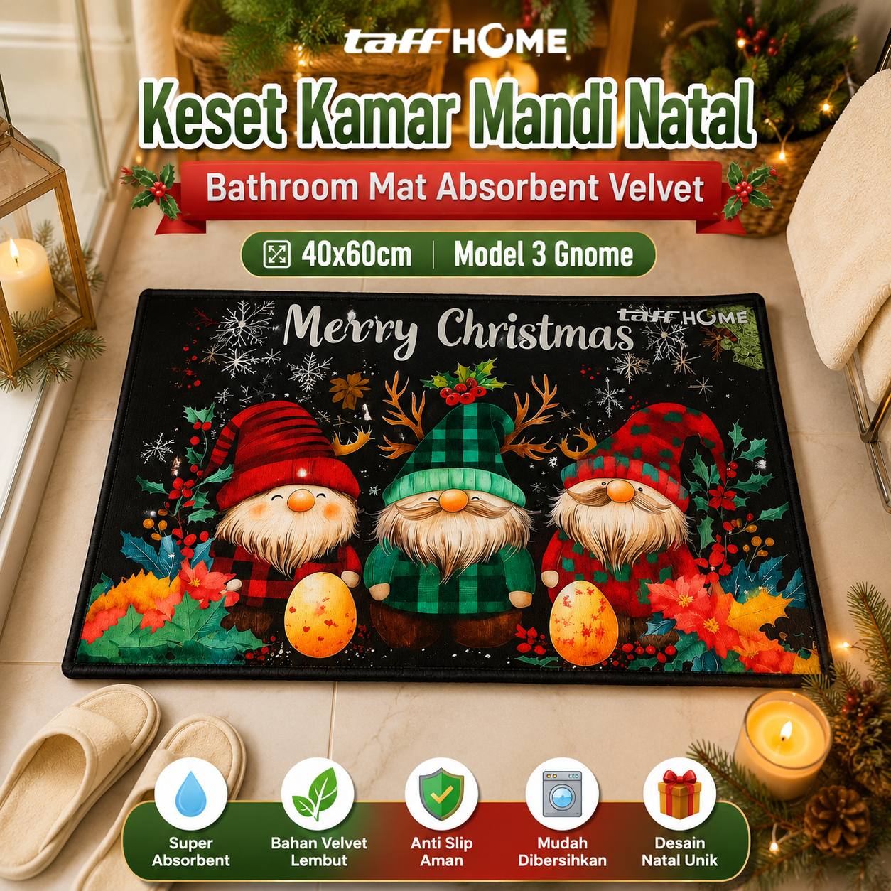 Gambar produk TaffHOME Keset Kamar Mandi Natal Bathroom Mat Absorbent Velvet 40x60cm 3 Gnome - LA-80 - Utama
