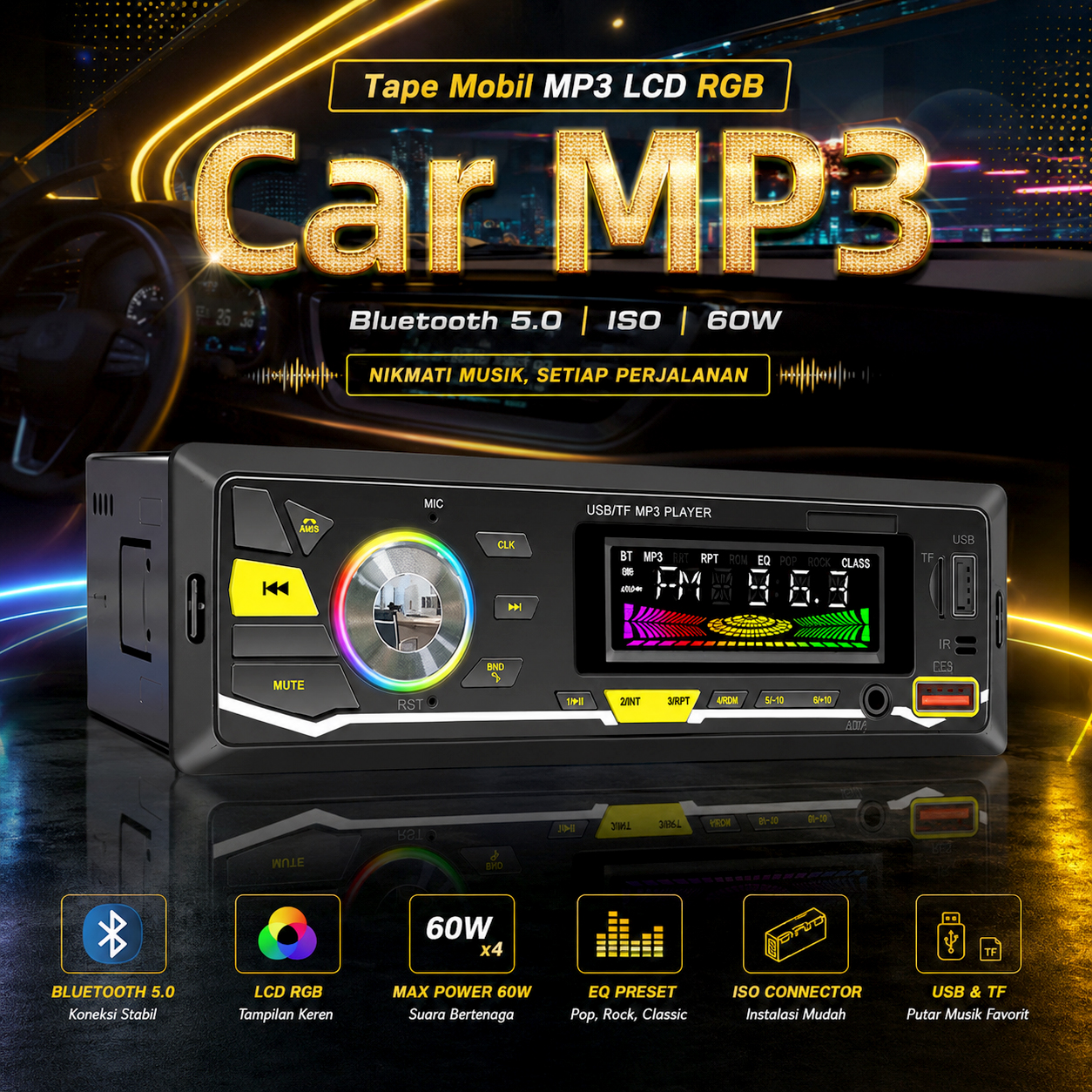 Wistrue Tape Mobil Audio MP3 Player LCD RGB Bluetooth 5.0 ISO Plug - 2225 Gambar produk Wistrue Tape Mobil Audio MP3 Player LCD RGB Bluetooth 5.0 ISO Plug - 2225 - Utama