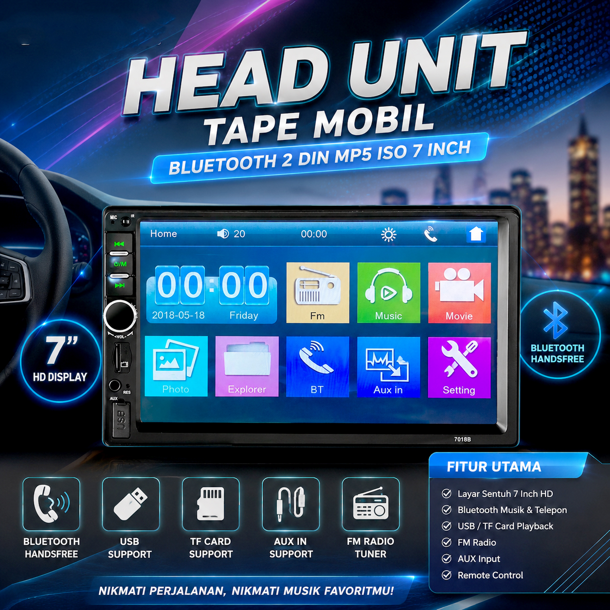 Gambar produk Pabokay Head Unit Mobil Double DIN Car Tape MP5 Player Plug ISO 7 Inch - 7018B - Utama