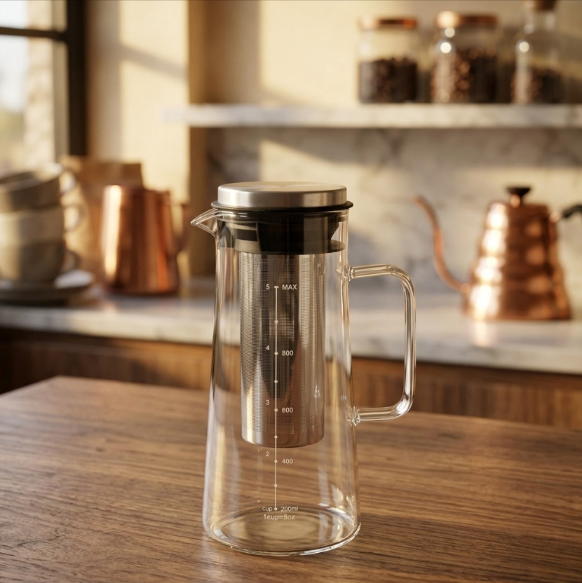 One Two Cups Teko Kaca Kopi Teh Water Pitcher Stainless Steel Filter 1000ml - MD-10 Gambar produk One Two Cups Teko Kaca Kopi Teh Water Pitcher Stainless Steel Filter 1000ml - MD-10 - 3