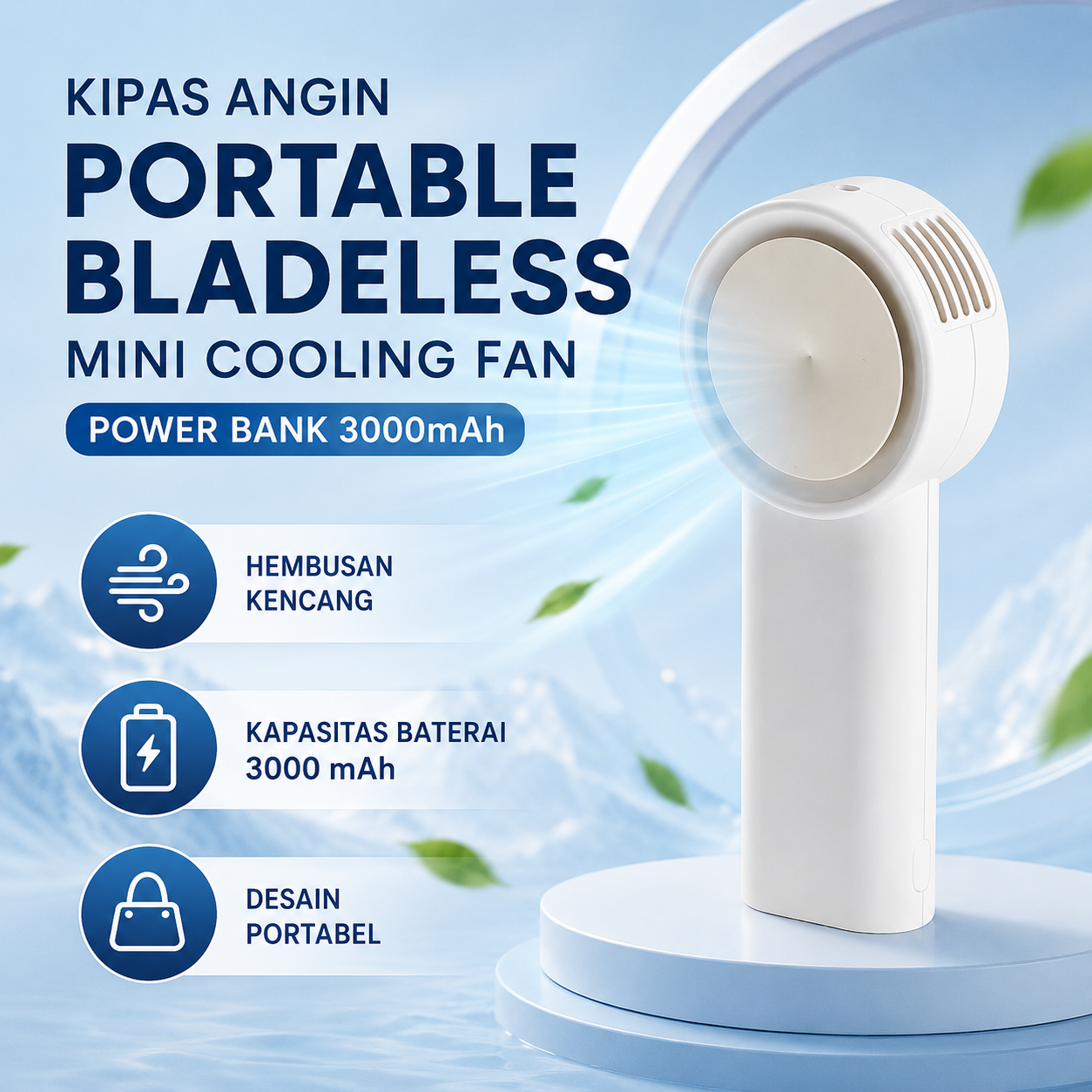 VEN Kipas Angin Portable Bladeless Mini Cooling Fan Power Bank 3000mAh - 348 Gambar produk VEN Kipas Angin Portable Bladeless Mini Cooling Fan Power Bank 3000mAh - 348 - Utama