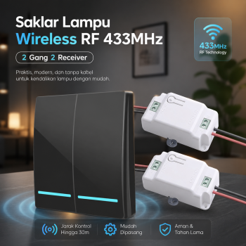 Gambar produk TaffHOME Saklar Lampu Wireless Dinding Tembok Lamp Switch RF 433MHz 2 Gang 2 Receiver - WHK01