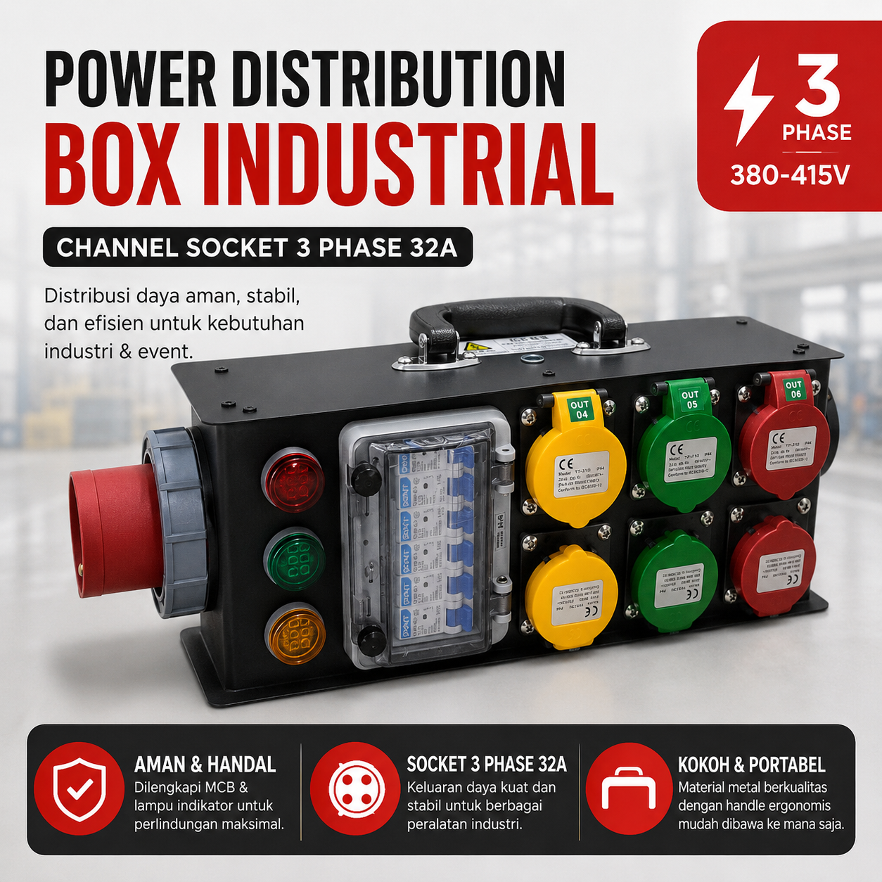 Elevox Power Distribution Box Channel Industrial Socket 3 Phase 32A - W-20 Gambar produk Elevox Power Distribution Box Channel Industrial Socket 3 Phase 32A - W-20 - Utama