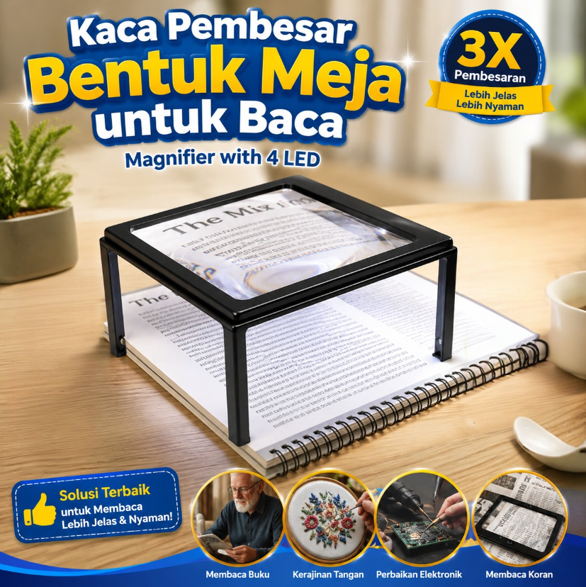 NEWACALOX Kaca Pembesar Bentuk Meja untuk Baca Magnifier with 4 LED 3X - HL-A4 Gambar produk NEWACALOX Kaca Pembesar Bentuk Meja untuk Baca Magnifier with 4 LED 3X - HL-A4 - Utama