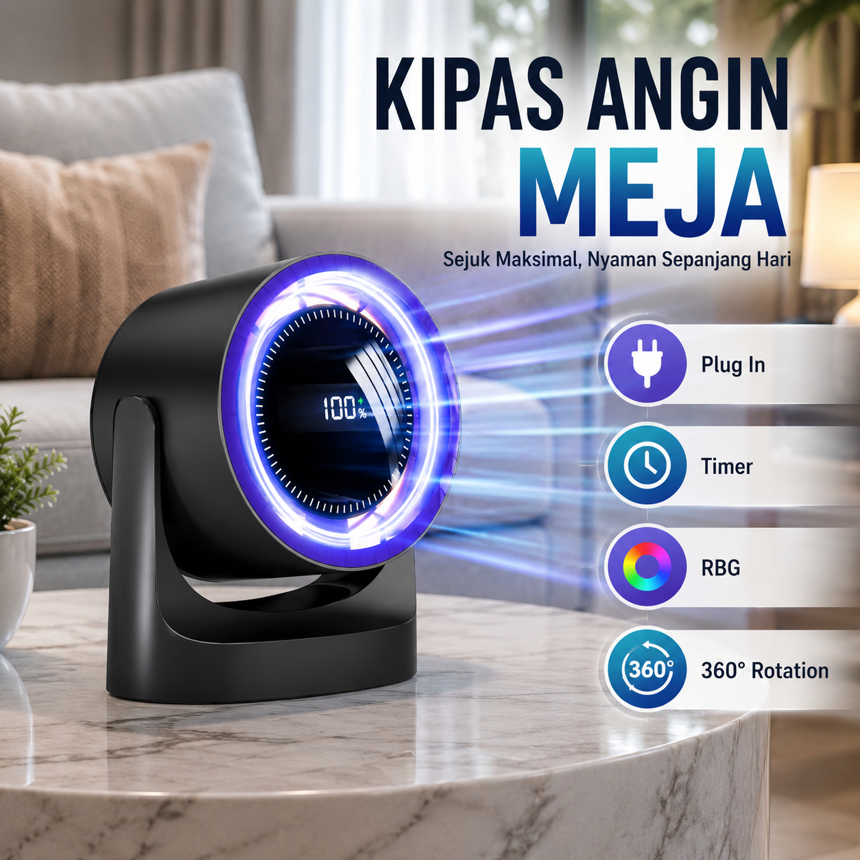 TINSOL Kipas Angin Meja Digital Display 5 Speed RGB Timer Desk Fan - JMF-7 Gambar produk TINSOL Kipas Angin Meja Digital Display 5 Speed RGB Timer Desk Fan - JMF-7 - Utama