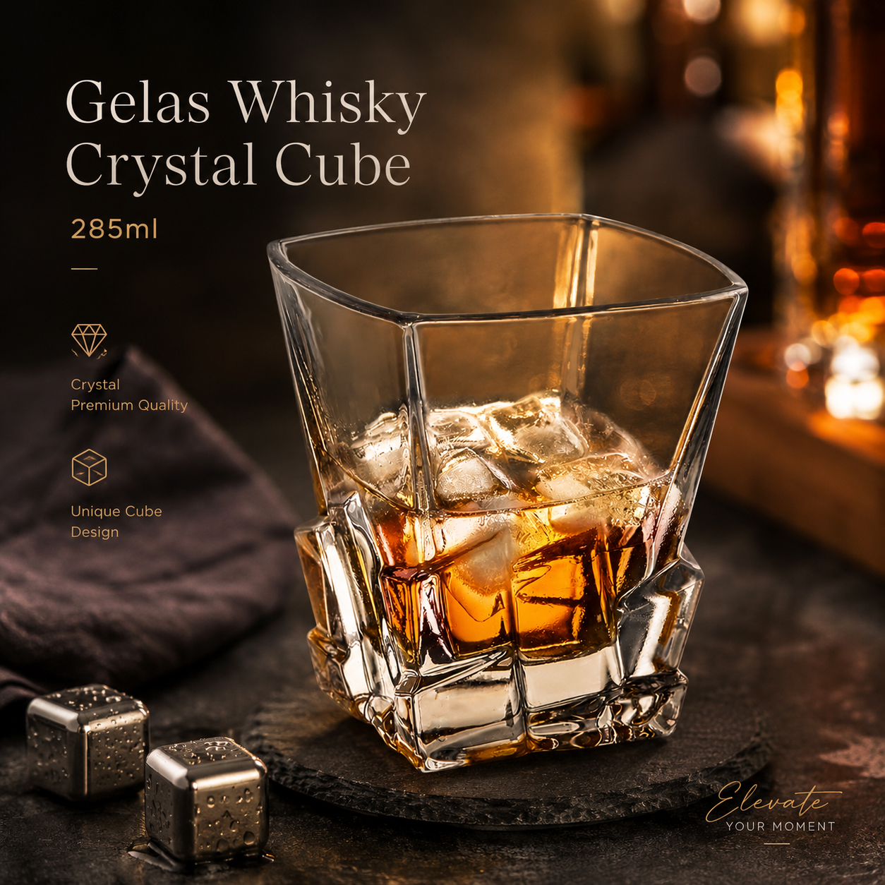 One Two Cups Gelas Whisky Crystal Cube Cut Rock Glass 285ml - YJ101 Gambar produk One Two Cups Gelas Whisky Crystal Cube Cut Rock Glass 285ml - YJ101 - Utama