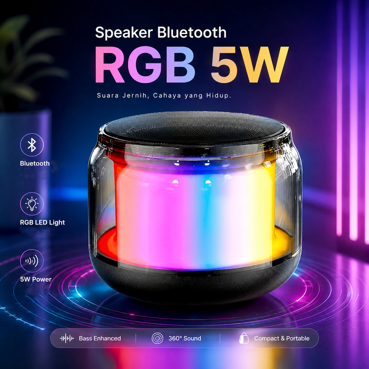 T-WOLF Speaker Bluetooth Portable 360 Mini Transparent RGB 5W - S-100 Gambar produk T-WOLF Speaker Bluetooth Portable 360 Mini Transparent RGB 5W - S-100 - Utama