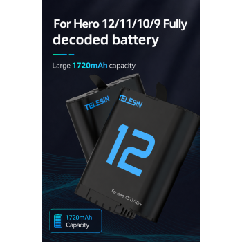 TELESIN Baterai Kamera GoPro Hero 9/10/11/12 Rechargeable 1720mAh - S0-ECB-02-TGP
