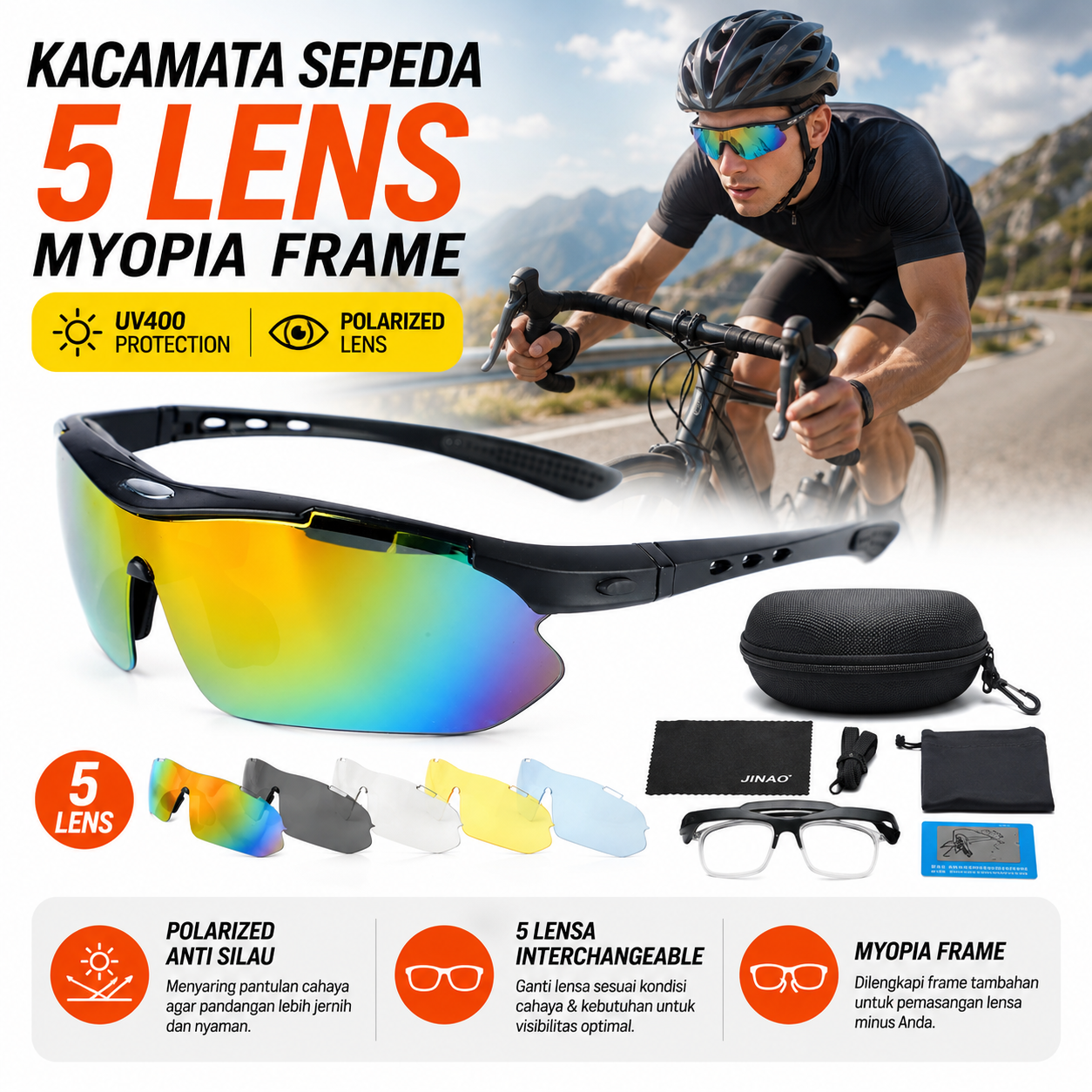 JINAO Kacamata Sepeda 5 Lensa Myopia Frame Outdoor Cycling Sunglasses - 0089 Gambar produk JINAO Kacamata Sepeda 5 Lensa Myopia Frame Outdoor Cycling Sunglasses - 0089 - Utama