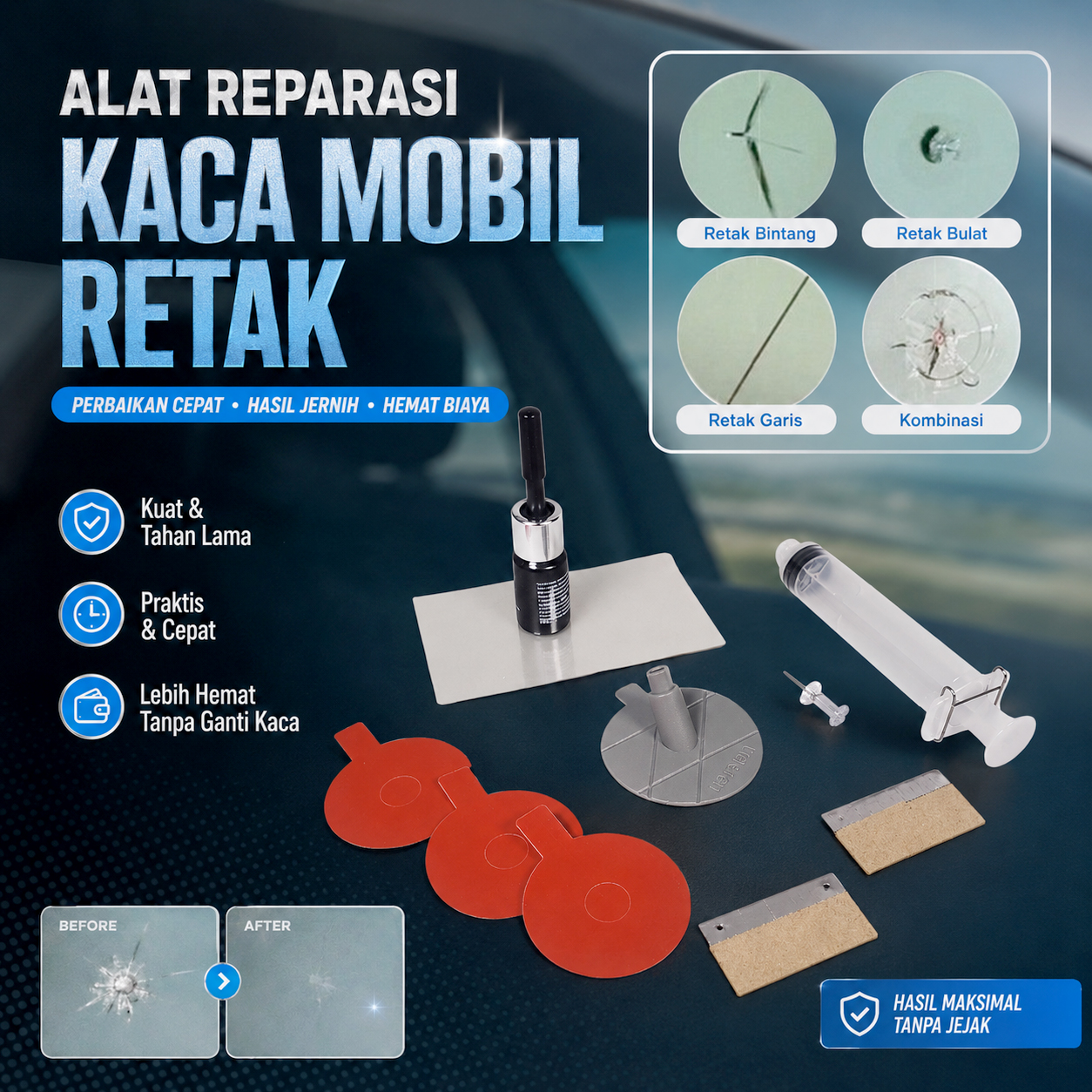 Gambar produk Alat Reparasi Kaca Mobil Retak Windshield Repair Kit - XJ-01 - Utama