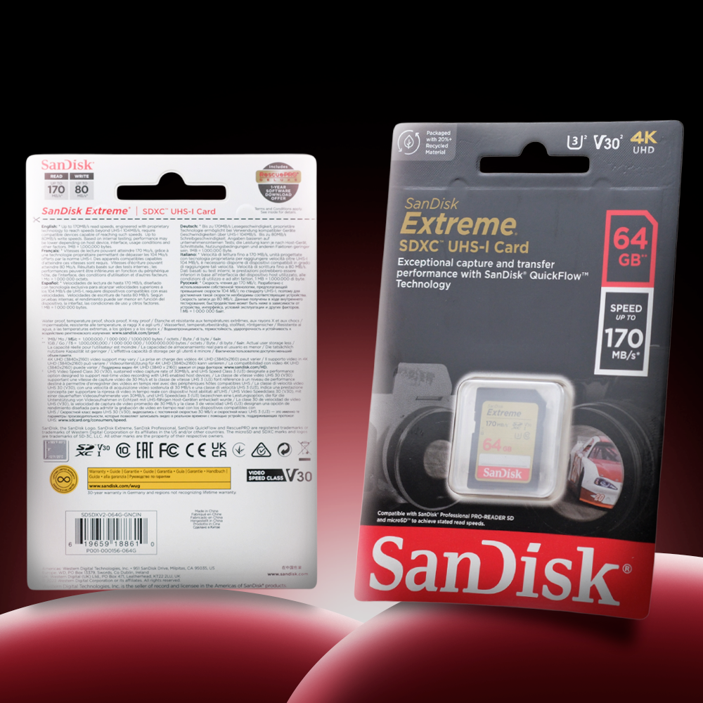 SanDisk Extreme SDXC UHS-I Card V30 U3 Class 64GB-SDSDXV2-064G - SDSDXV Gambar produk SanDisk Extreme SDXC UHS-I Card V30 U3 Class 64GB-SDSDXV2-064G - SDSDXV - Kemasan