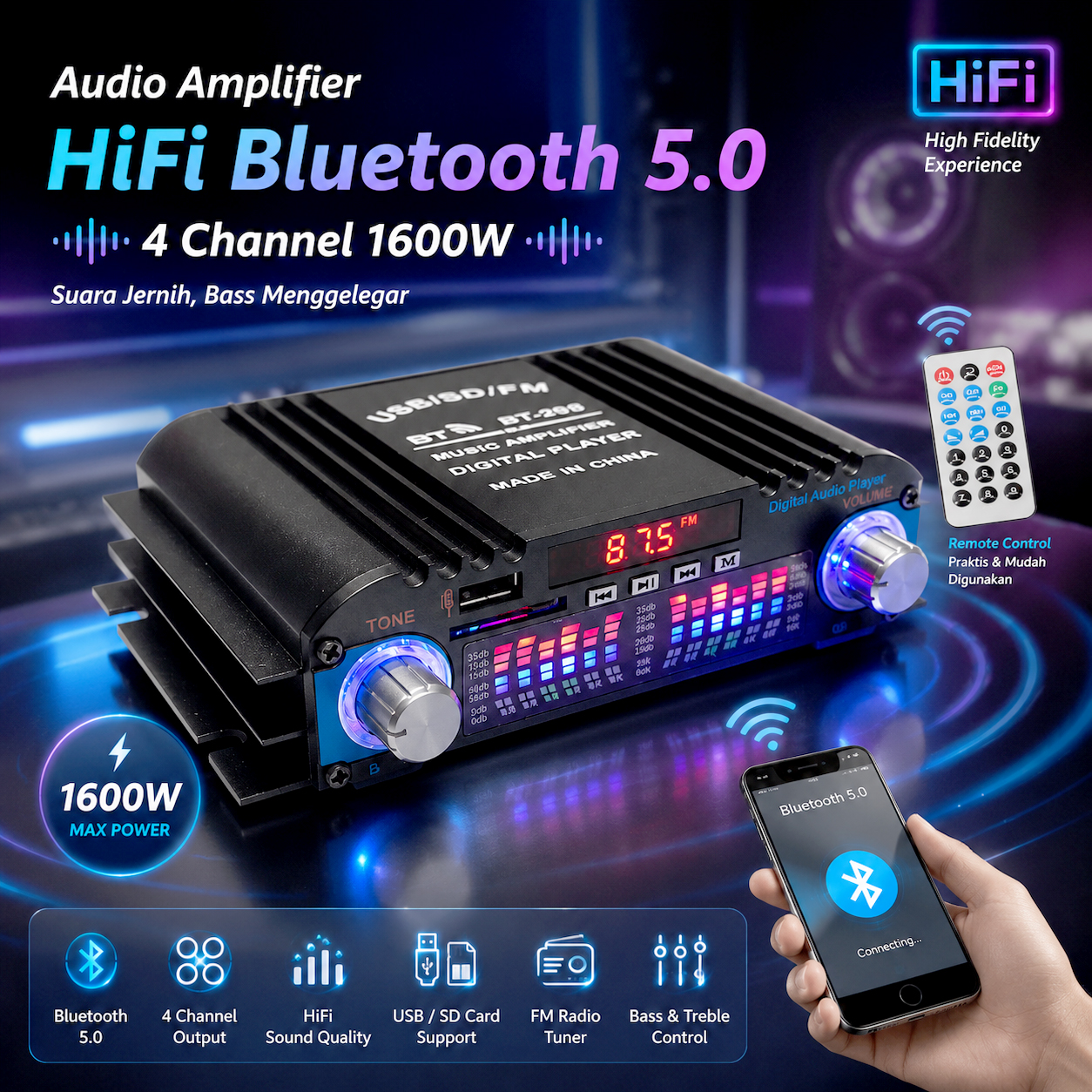 VODOOL Audio Amplifier HiFi Bluetooth 5.0 Stereo 4 Channel 1600W - BT-998 Gambar produk VODOOL Audio Amplifier HiFi Bluetooth 5.0 Stereo 4 Channel 1600W - BT-998 - Utama