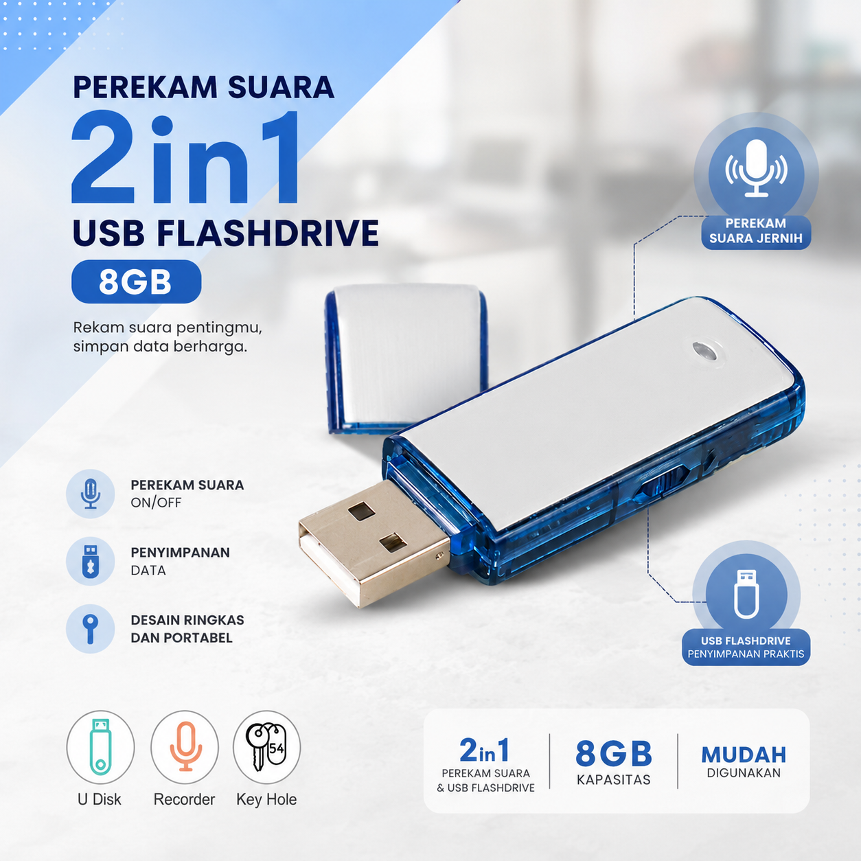 Gambar produk Flashdisk Perekam Suara 2in1 USB Flashdrive Sound Voice Recorder 8GB - Utama