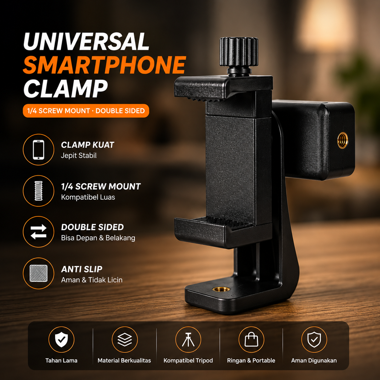 Barica Universal Smartphone Clamp 1/4 Screw Mount Double Sided - C5 Gambar produk Barica Universal Smartphone Clamp 1/4 Screw Mount Double Sided - C5 - Utama