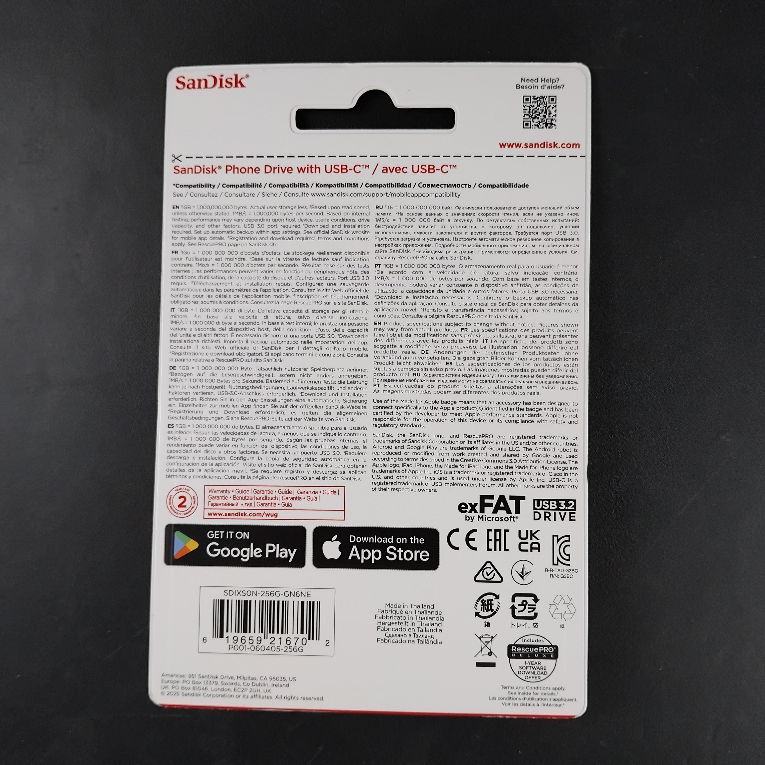 Gambar produk SanDisk Phone Drive USB Type-C 3.2 Gen 1 150MB/s 256GB - SDIXS0N - Kemasan
