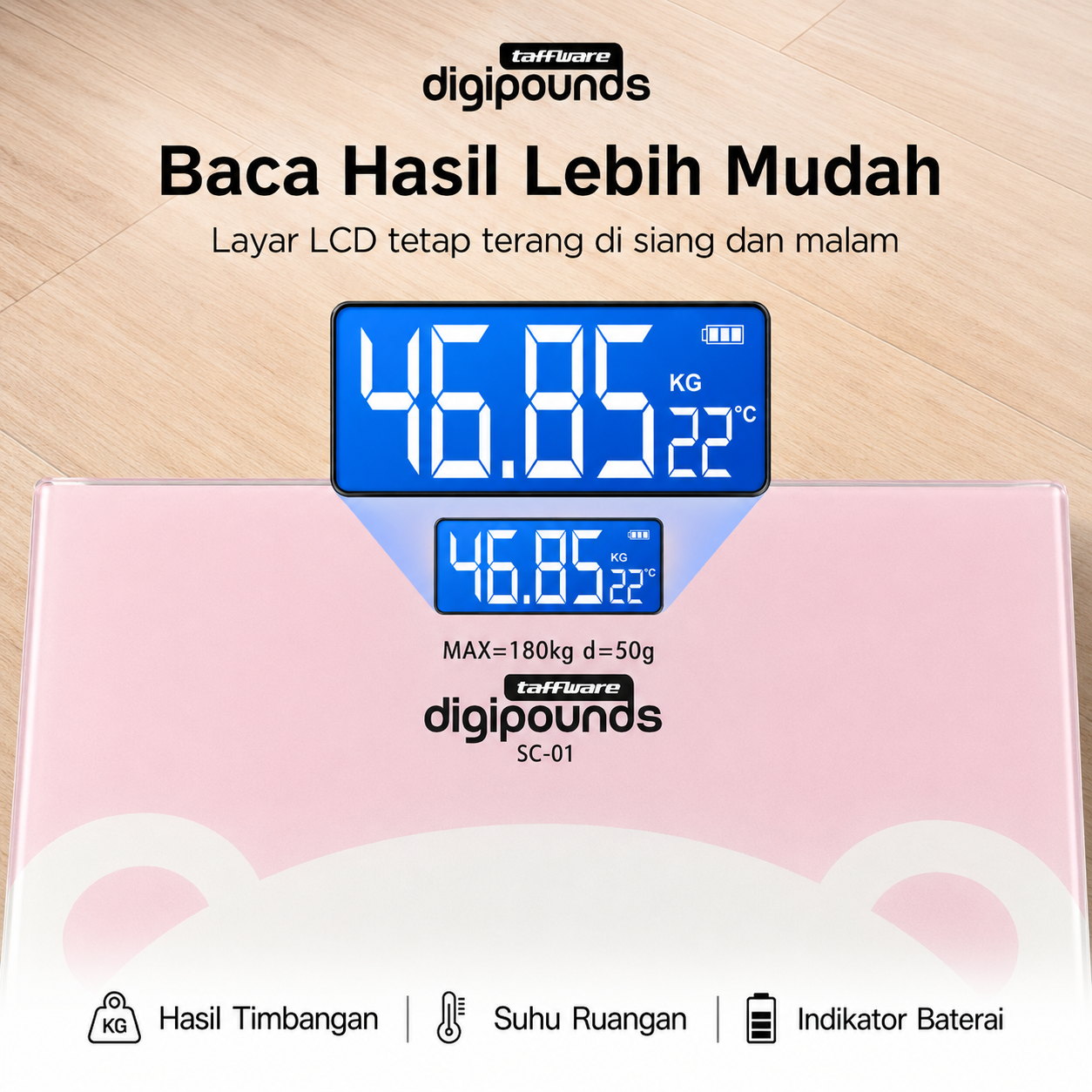 Taffware Digipounds Timbangan Badan LCD Digital Scale Battery 180kg - SC-01 Gambar produk Taffware Digipounds Timbangan Badan LCD Digital Scale Battery 180kg - SC-01 - 2