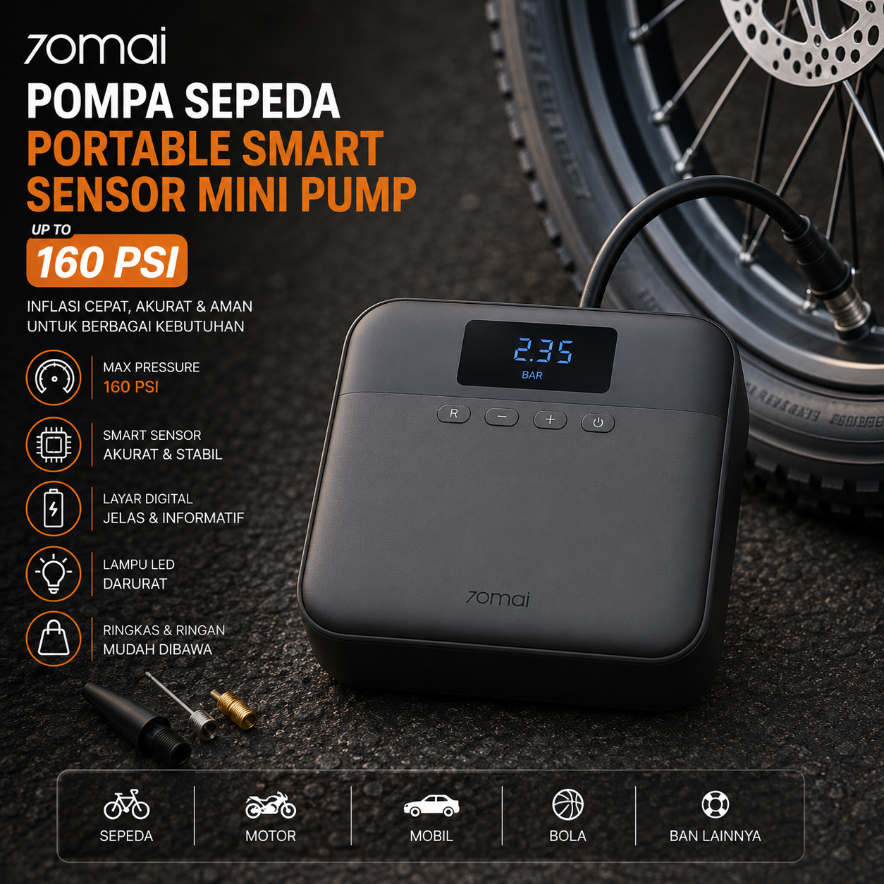 70mai Pompa Sepeda Portable Smart Sensor Mini Pump 160 PSI - Midrive TP03 Gambar produk 70mai Pompa Sepeda Portable Smart Sensor Mini Pump 160 PSI - Midrive TP03 - Utama