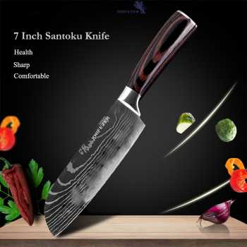 Gambar produk KNIFEZER Pisau Dapur Daging Sayur Roti Damascus Pattern Stainless 7 Inch Santoku Knife