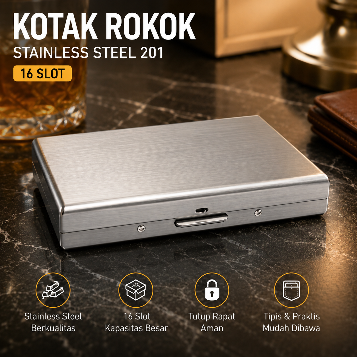 Ophone Kotak Rokok Stainless Steel 201 Cigarette Box Case 16 Slot - JD-SH200 Gambar produk Ophone Kotak Rokok Stainless Steel 201 Cigarette Box Case 16 Slot - JD-SH200 - Utama