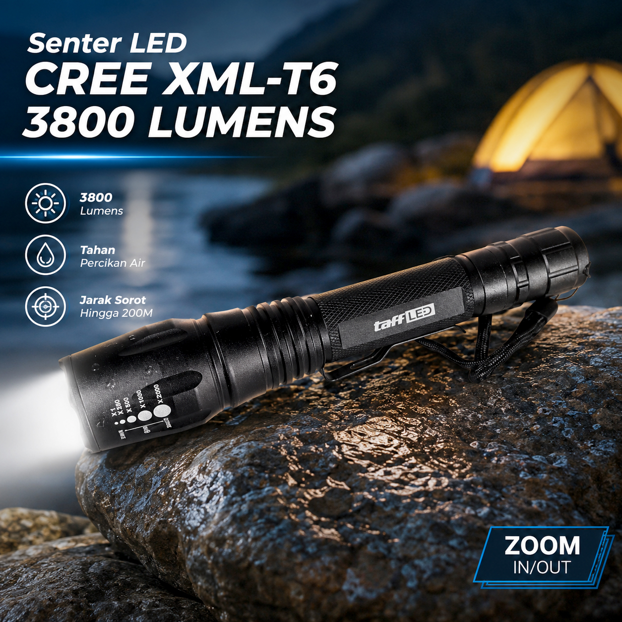 TaffLED Senter LED Flashlight Cree XML-T6 3800 Lumens - E27 Gambar produk TaffLED Senter LED Flashlight Cree XML-T6 3800 Lumens - E27 - Utama