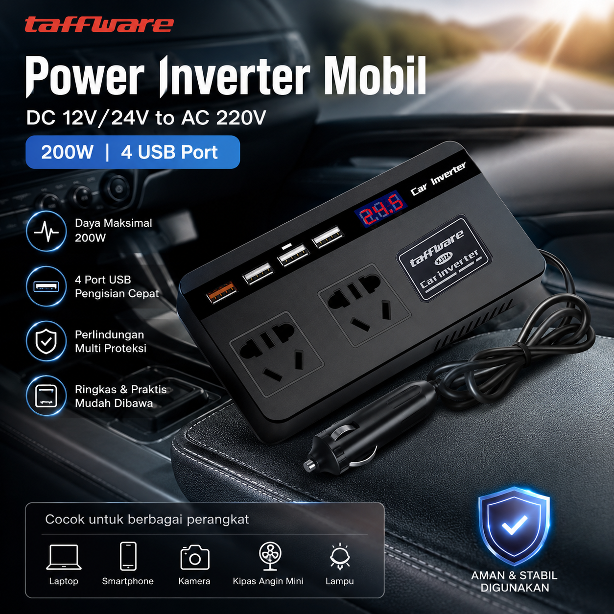 Taffware Power Inverter Mobil DC 12V/24V to AC 220V 200W 4 USB Port - XJ124 Gambar produk Taffware Power Inverter Mobil DC 12V/24V to AC 220V 200W 4 USB Port - XJ124 - Utama