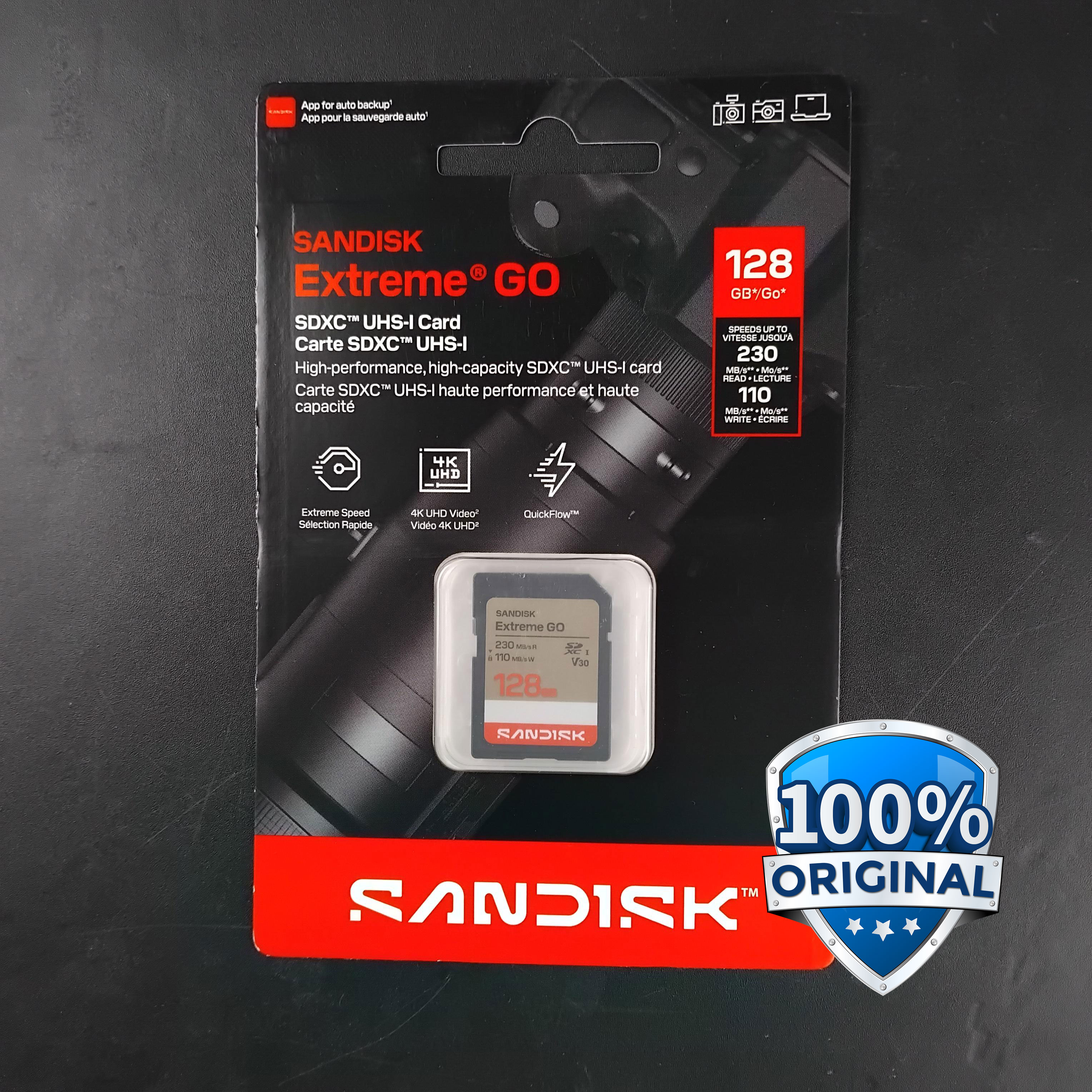 SanDisk Extreme GO SDXC/HC UHS-I Card U3 V30 4K UHD 230MB/s 128GB - SDSDXGN Gambar produk SanDisk Extreme GO SDXC/HC UHS-I Card U3 V30 4K UHD 230MB/s 128GB - SDSDXGN - Utama