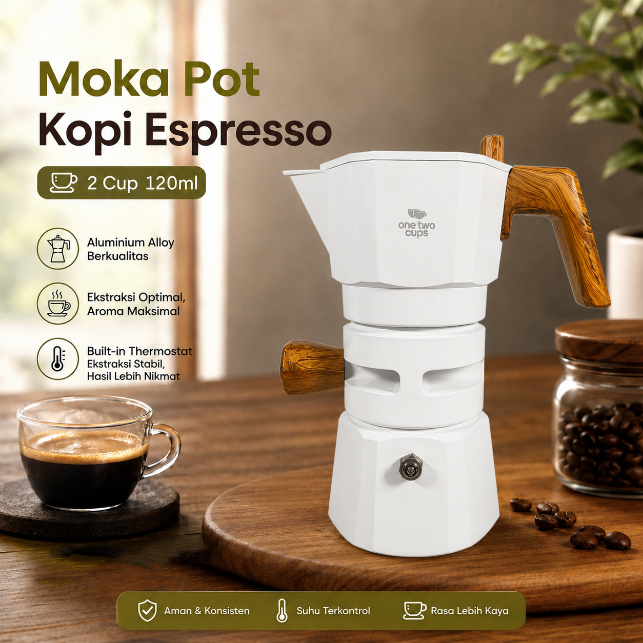 Gambar produk One Two Cups Moka Pot Kopi Espresso Thermostat Double Valve 2Cup 120ml - L35T - Utama