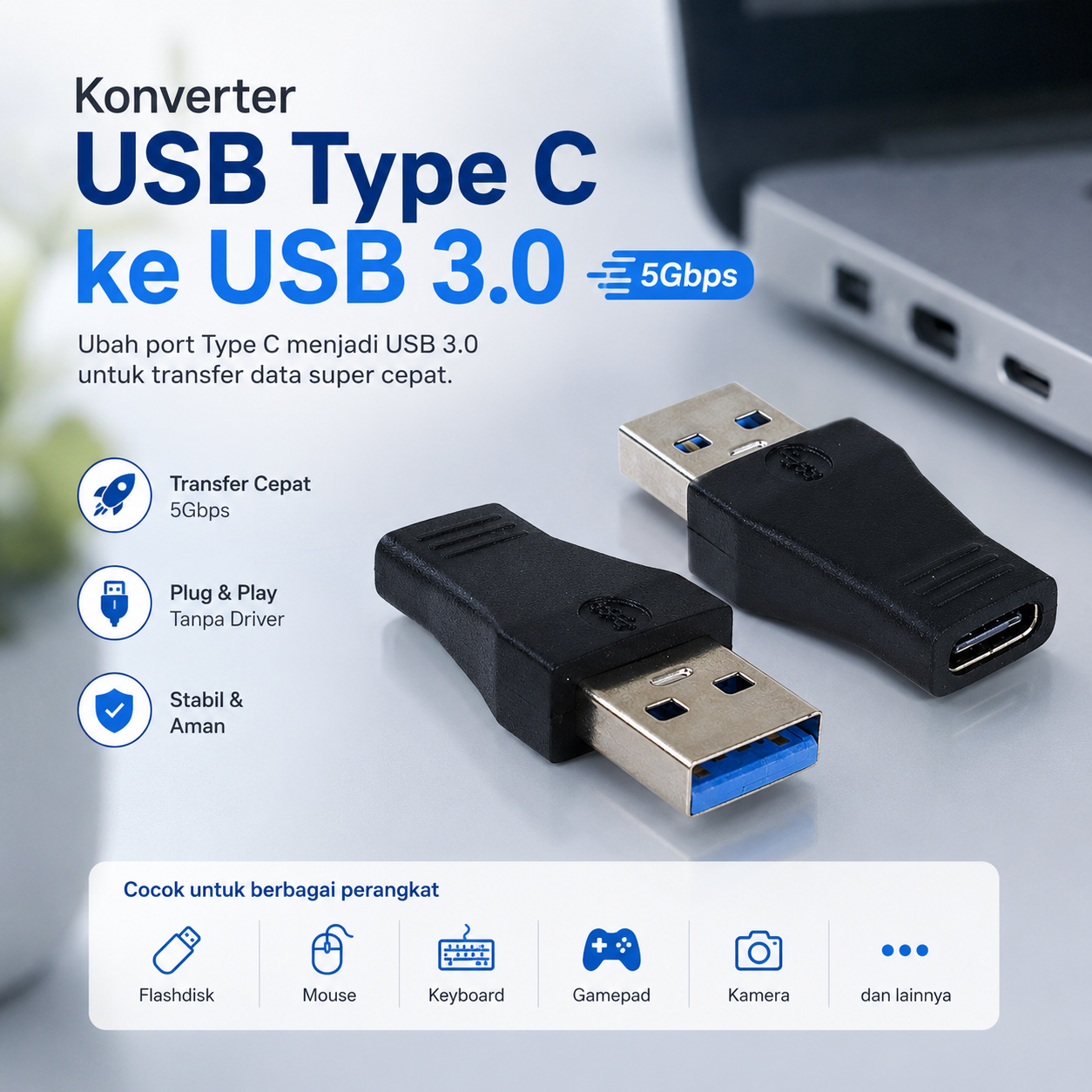 Gambar produk Adaptor Konverter USB Type C ke USB 3.0 Converter High Speed 5Gbps - AG975 - Utama