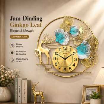 TaffHOME Jam Dinding Quartz Iron Luxury Deer Ginkgo Leaf 50cm - 26009