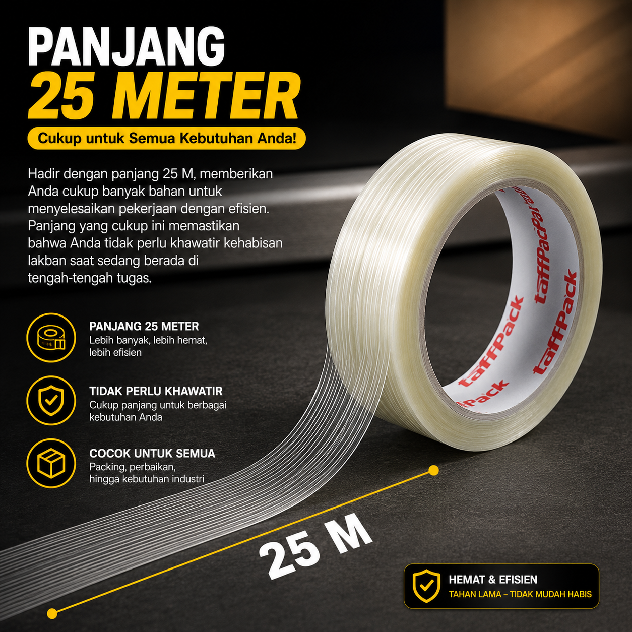 Gambar produk TaffPACK Lakban Super Strong Fiber Tape Isolasi Bening 25M 10mm - GF25M - 4
