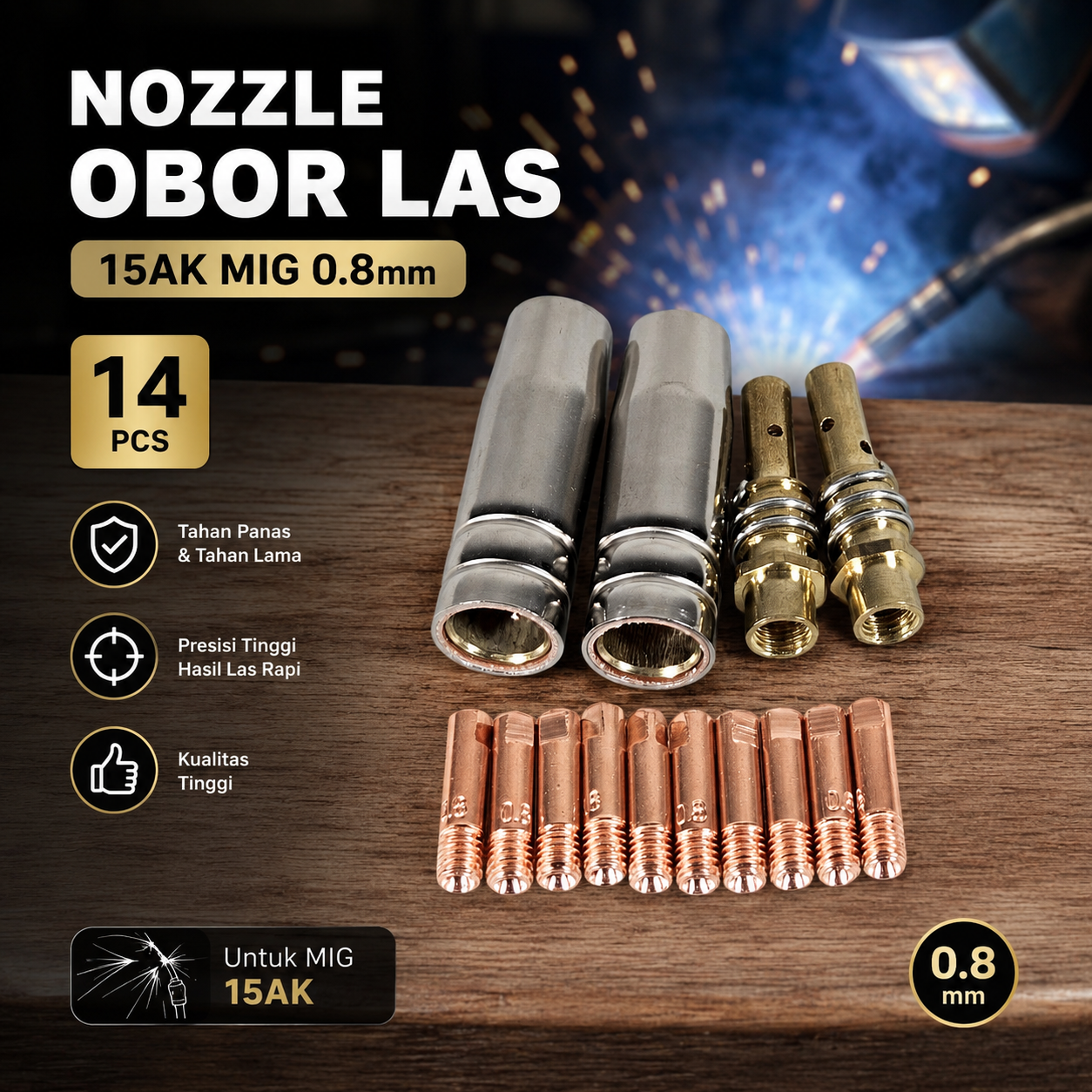 Gambar produk JINHU Nozzle Obor Las Welding Torch Tip Holder 15AK MIG 0.8mm 14 PCS - MB15 - Utama