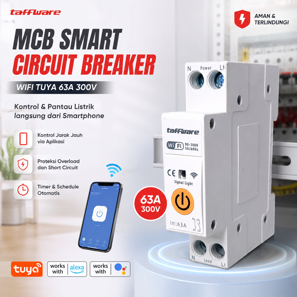 Gambar produk Taffware MCB Smart Circuit Breaker Switch WiFi Tuya 63A 300V - STM-T - Utama