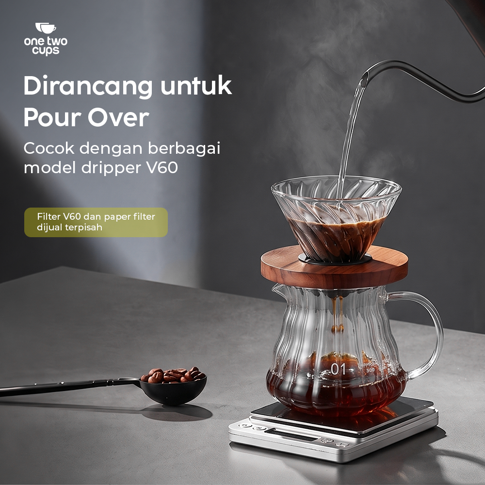 One Two Cups Teko Kopi Coffee Server V60 Drip Pour Over Kaca 360ml - XGS-36/60 Gambar produk One Two Cups Teko Kopi Coffee Server V60 Drip Pour Over Kaca 360ml - XGS-36/60 - 2