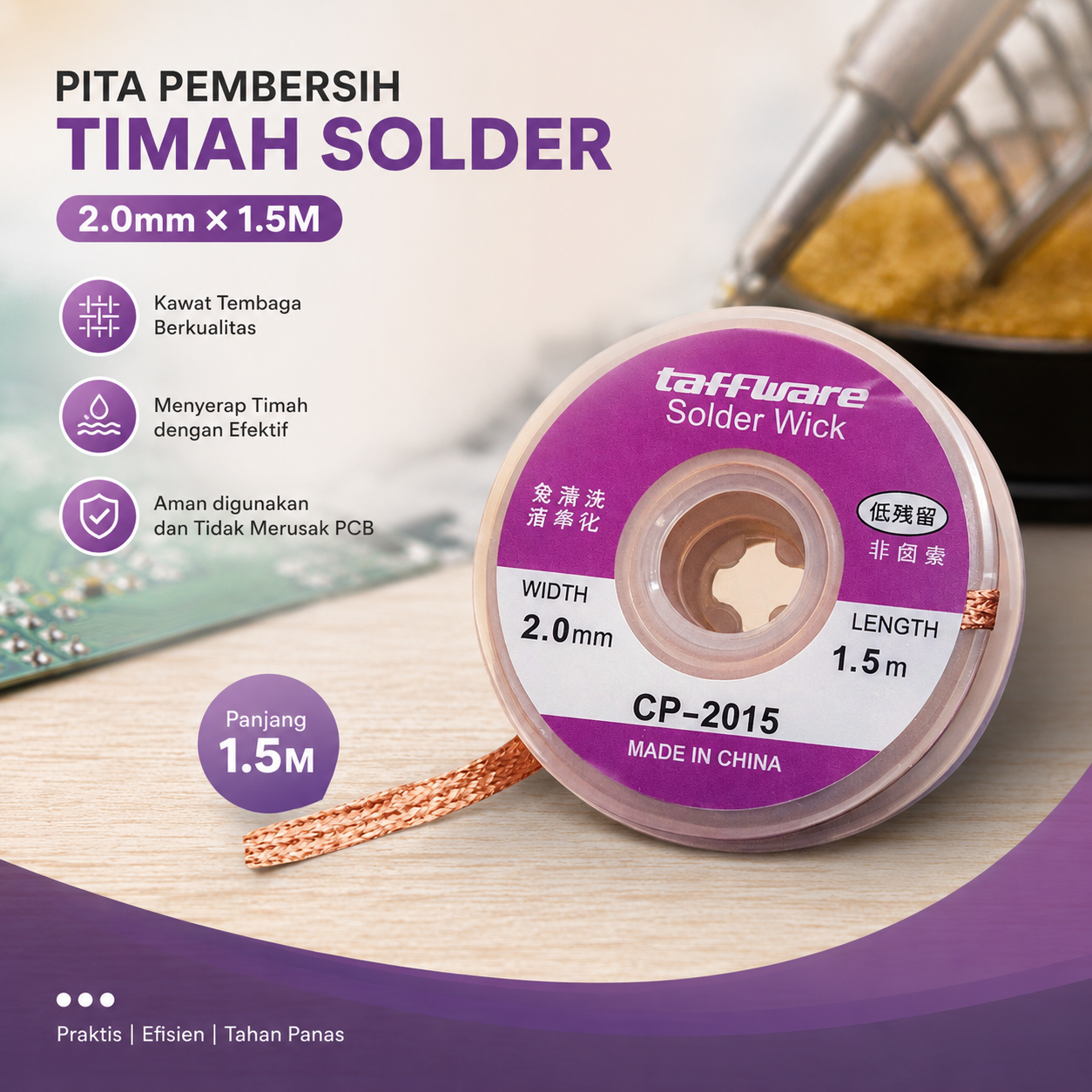 Gambar produk Taffware Pita Pembersih Timah Solder Wick 2.0mm 1.5M - CP-2015 - Utama