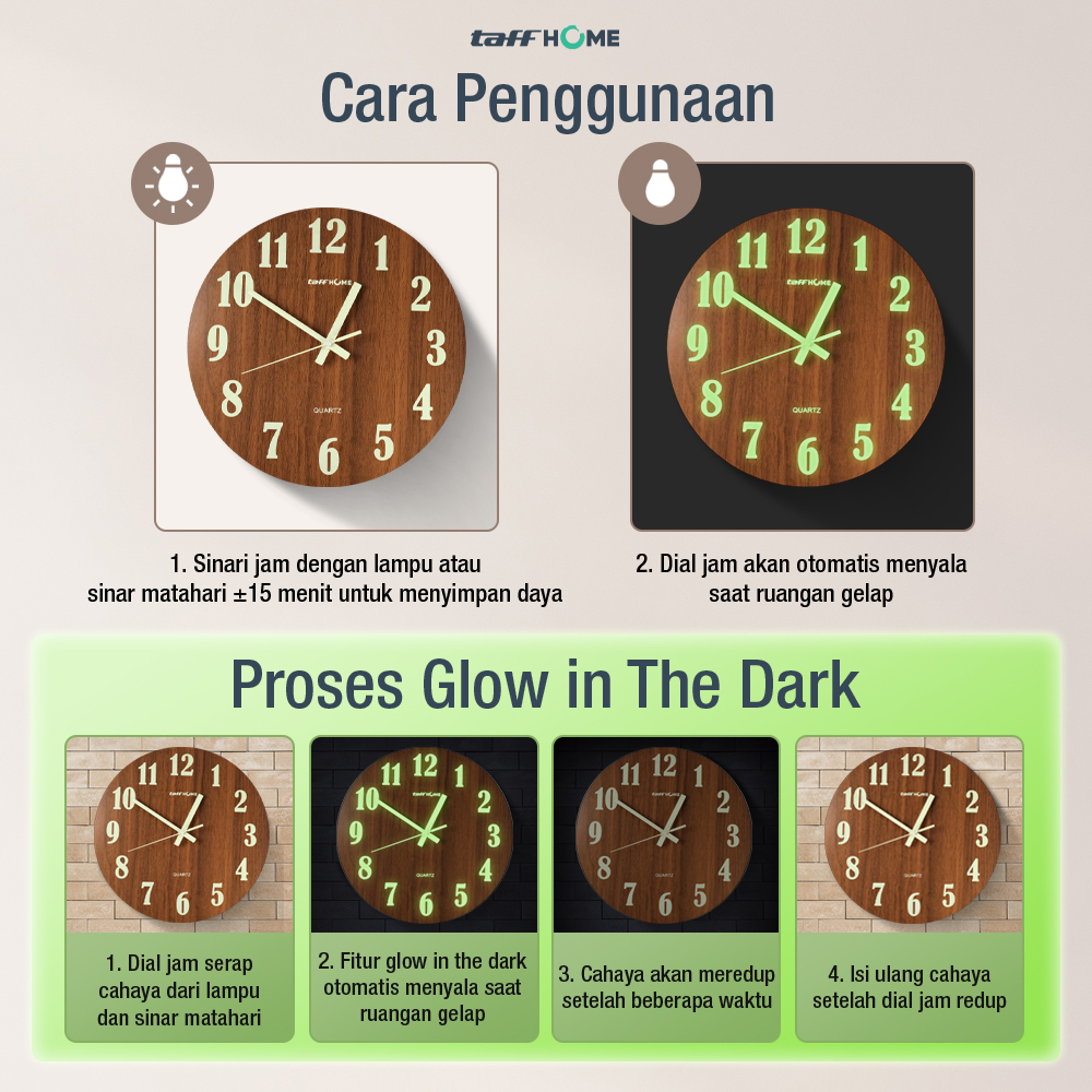Gambar produk TaffHOME Jam Dinding Bulat Quartz Luminous Silent Movement 30cm MDB1 - 5