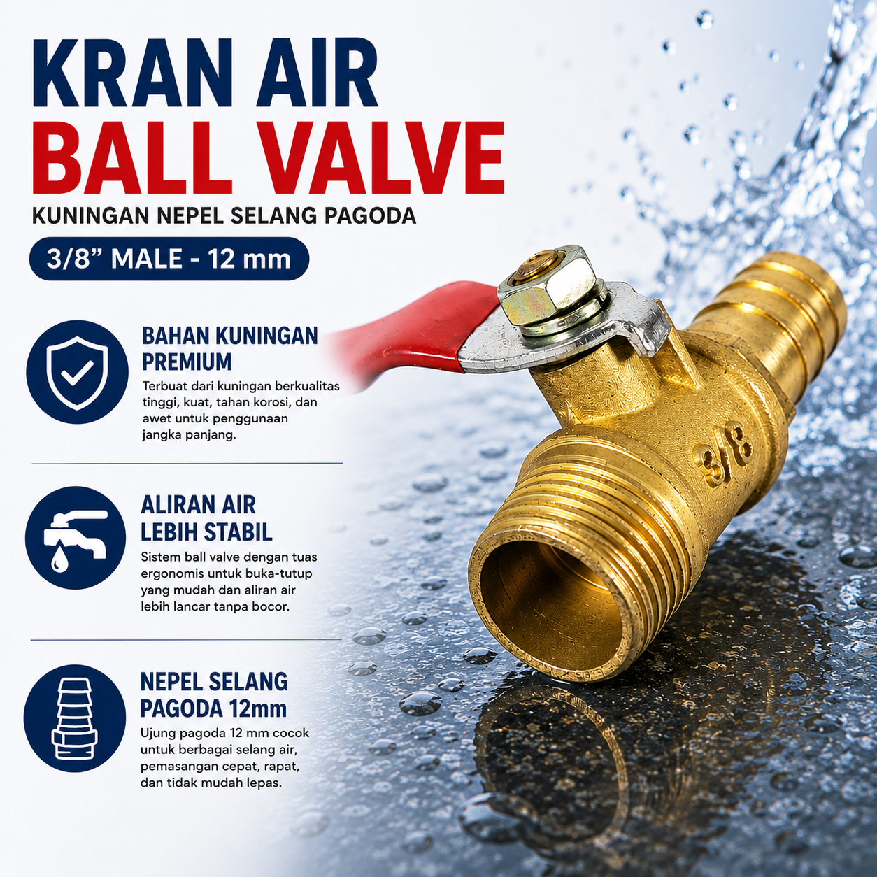 Gambar produk MAX Stop Kran Air Ball Valve Kuningan Nepel Selang Pagoda Brass 3/8 Male 12mm - DN12 - Utama