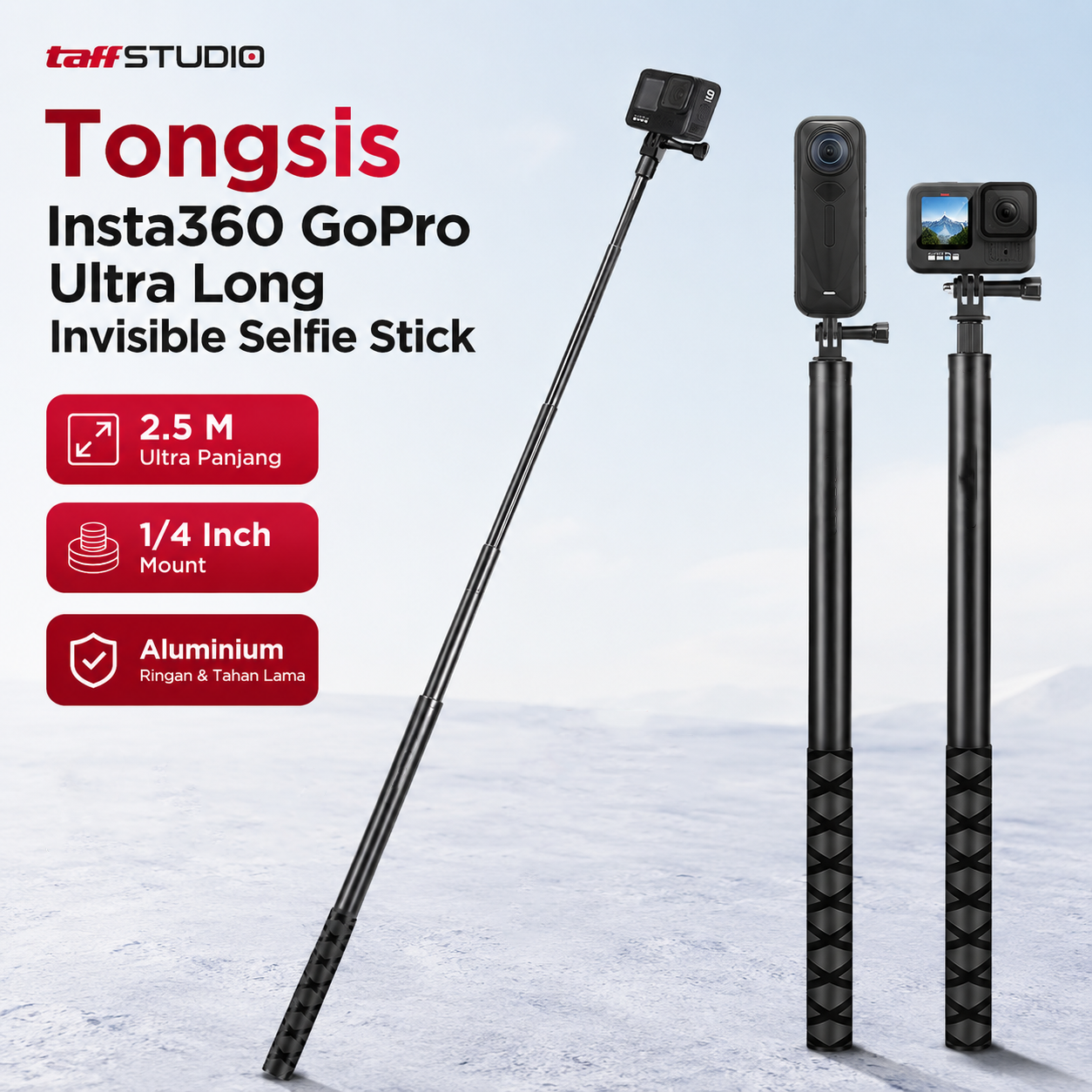 TaffSTUDIO Tongsis Insta360 GoPro Ultra Long Invisible Selfie Stick 2.5M - YZ502/YZ525/YZ511/YZ520 Gambar produk TaffSTUDIO Tongsis Insta360 GoPro Ultra Long Invisible Selfie Stick 2.5M - YZ502/YZ525/YZ511/YZ520 - Utama