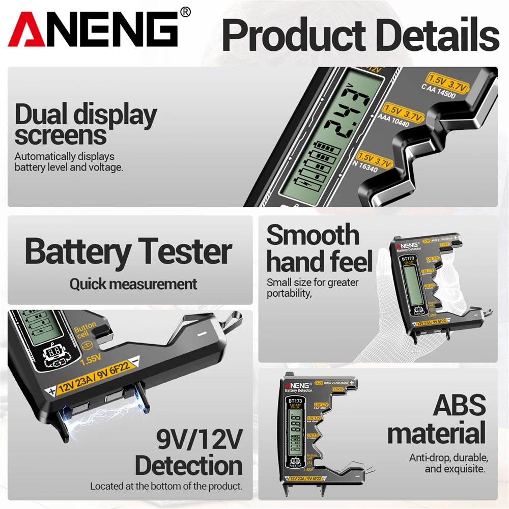 ANENG Alat Ukur Baterai Digital Battery Tester Button 9V 12V AA AAA - BT173 Gambar produk ANENG Alat Ukur Baterai Digital Battery Tester Button 9V 12V AA AAA - BT173 - 2