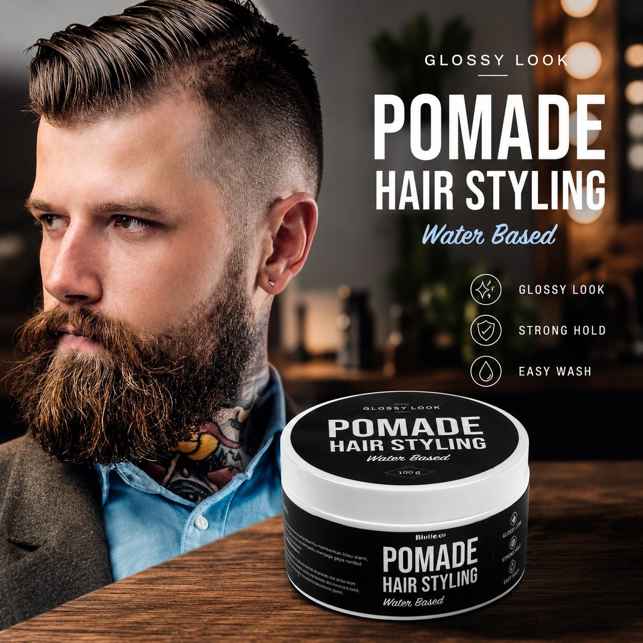 Biutte.co Pomade Rambut Water Based Hair Styling Glossy Look 100g Gambar produk Biutte.co Pomade Rambut Water Based Hair Styling Glossy Look 100g - Utama