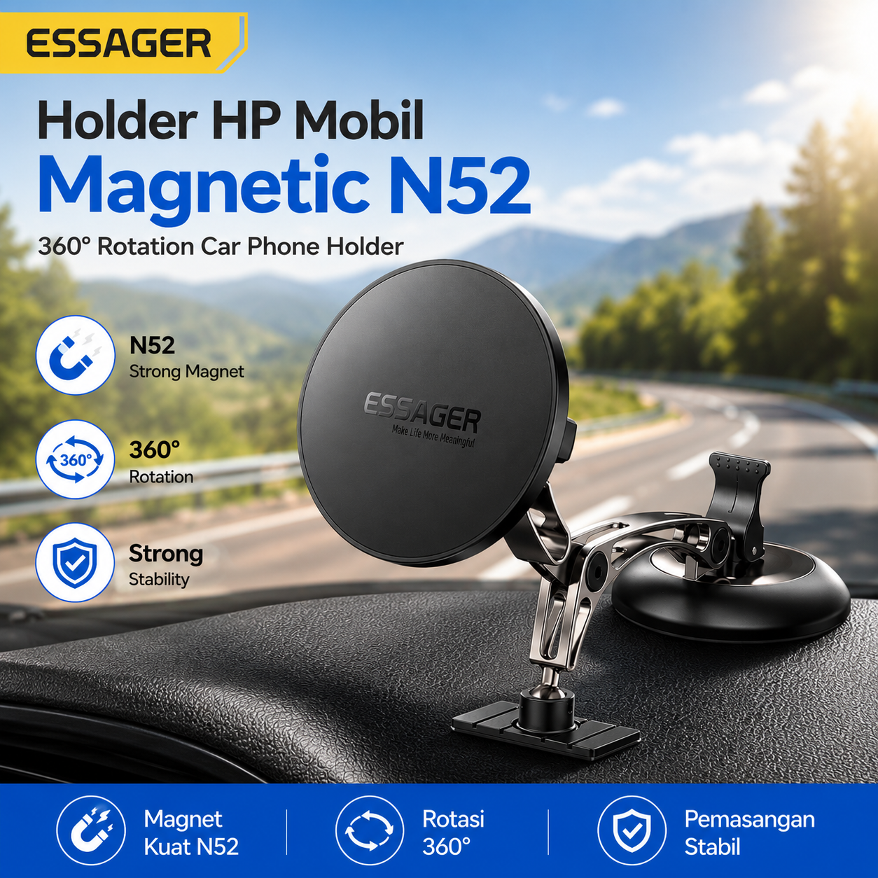 Gambar produk ESSAGER Holder HP Mobil Magnetic N52 360 Rotation Car Phone Holder - ES-ZJ40 - Utama
