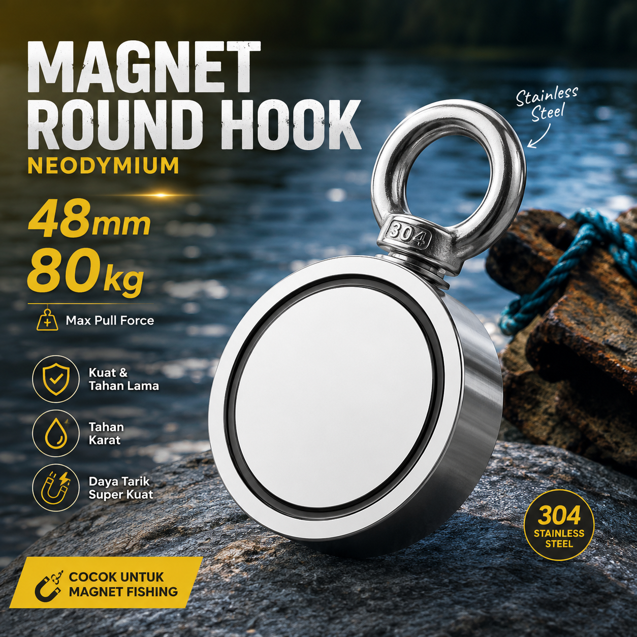 Gambar produk Taffware Strong Neodymium Magnet Model Hook Bulat 48mm 80kg - LNM48-3 - Utama