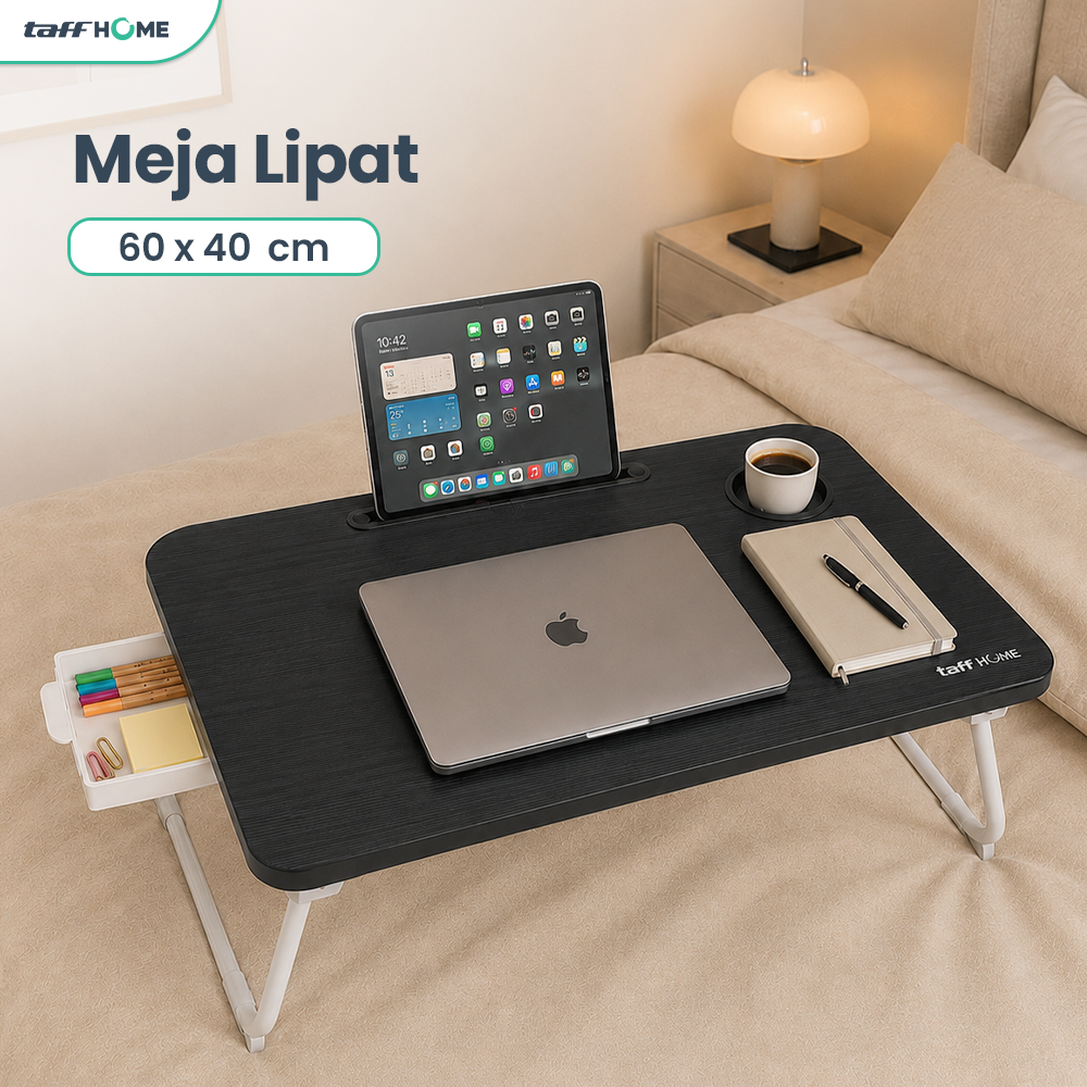TaffHOME Meja Lipat Laptop Foldable Bed Table with Drawer Cup Holder 60x40cm - BC67 Gambar produk TaffHOME Meja Lipat Laptop Foldable Bed Table with Drawer Cup Holder 60x40cm - BC67 - Utama