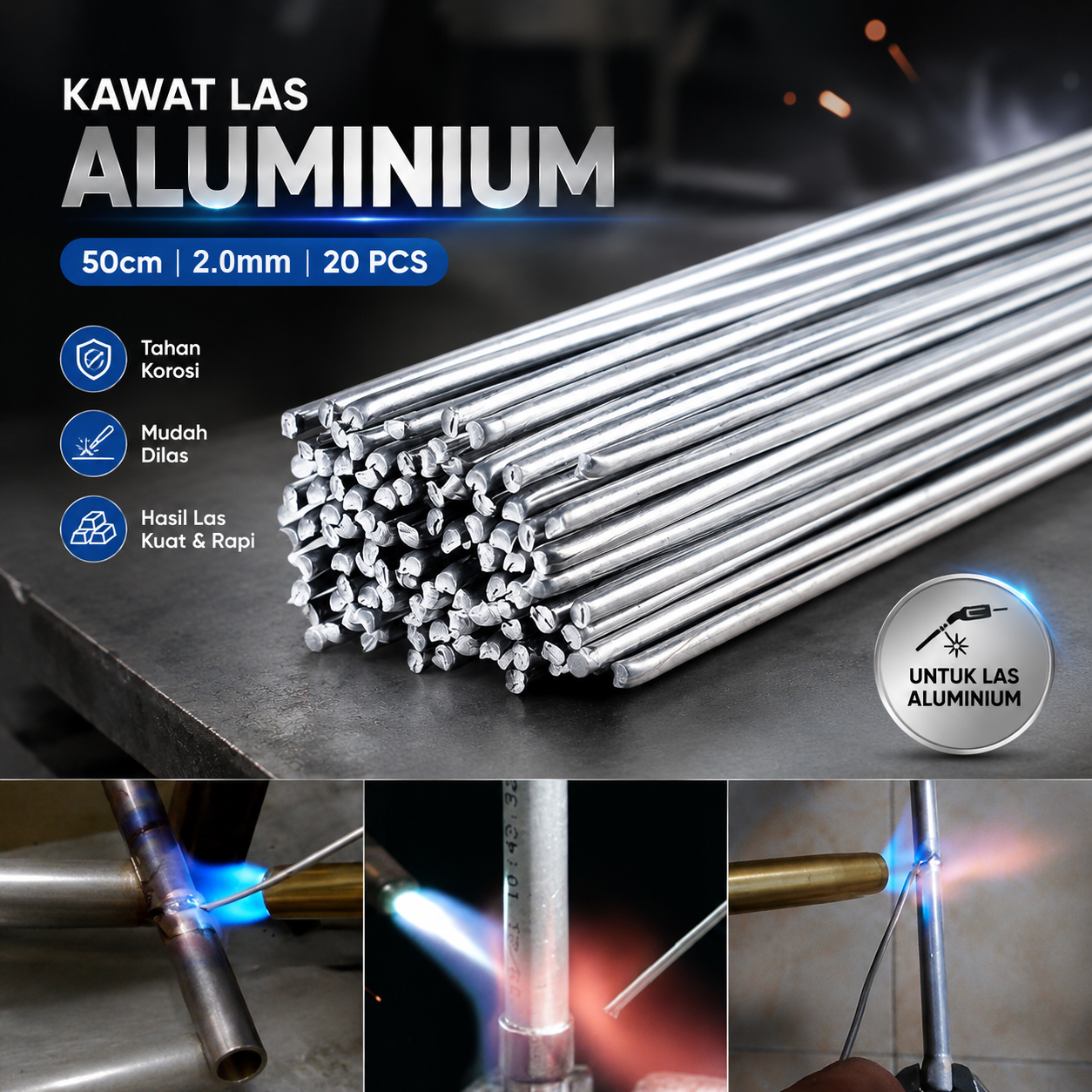 Gambar produk Taffware Kawat Las Aluminium Electrode Suhu Rendah 50cm 20 PCS 2.0mm - M127271 - Utama