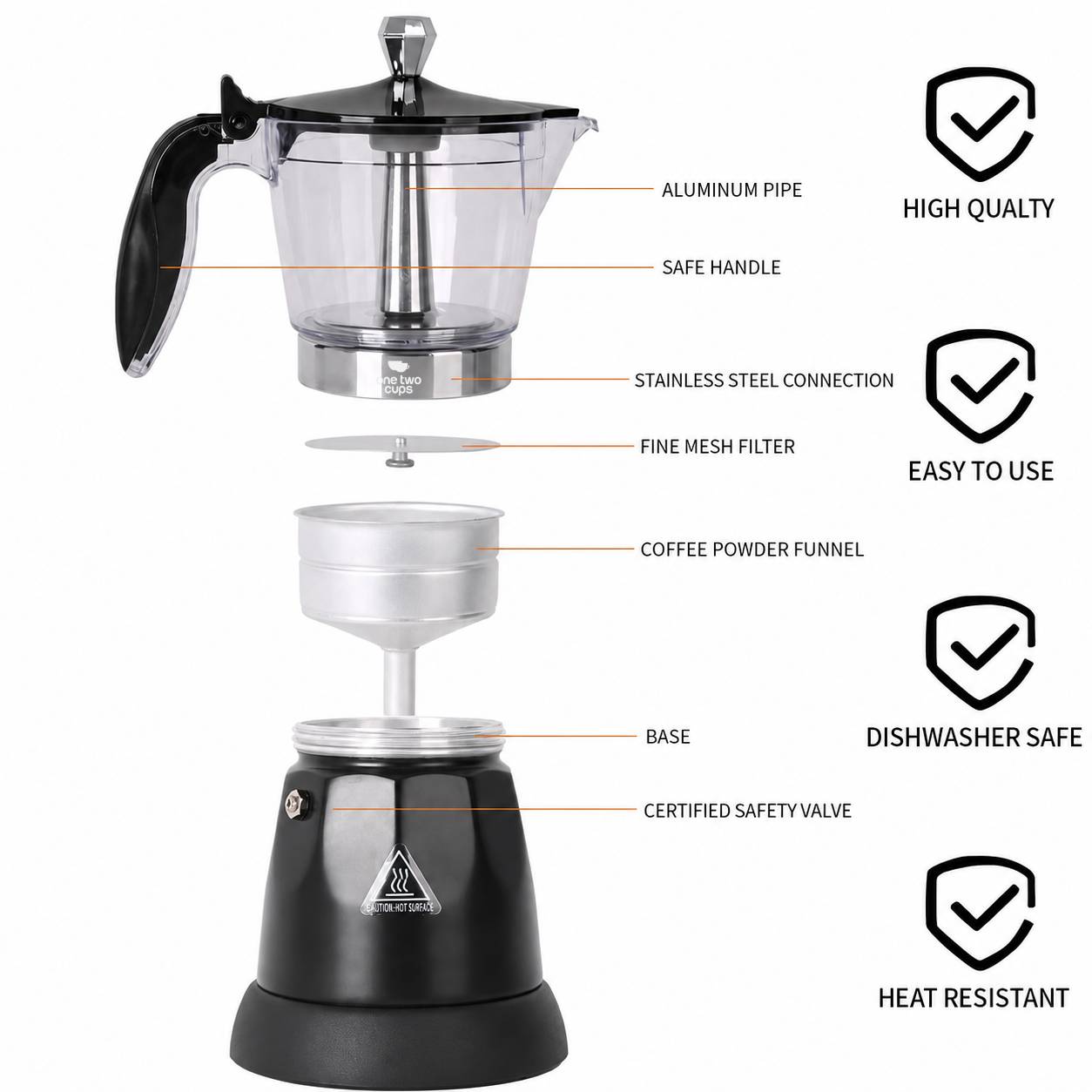 One Two Cups Moka Pot Elektrik Espresso Coffee Maker 480W 6 Cup 300ml - S06 Gambar produk One Two Cups Moka Pot Elektrik Espresso Coffee Maker 480W 6 Cup 300ml - S06 - 6