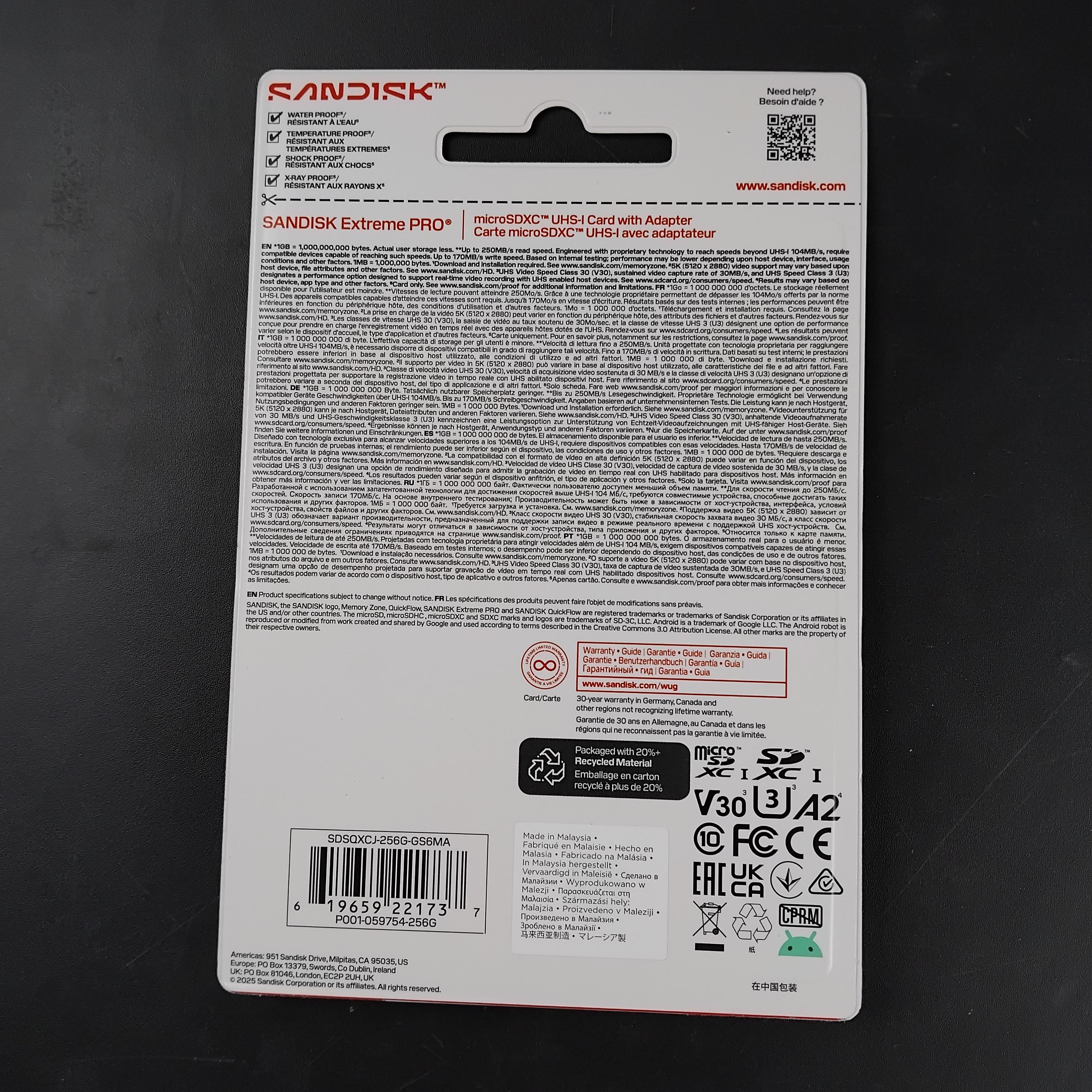 SanDisk Extreme Pro microSDXC UHS-I U3 V30 250MB/s 256GB - SDSQXCJ Gambar produk SanDisk Extreme Pro microSDXC UHS-I U3 V30 250MB/s 256GB - SDSQXCJ - Kemasan