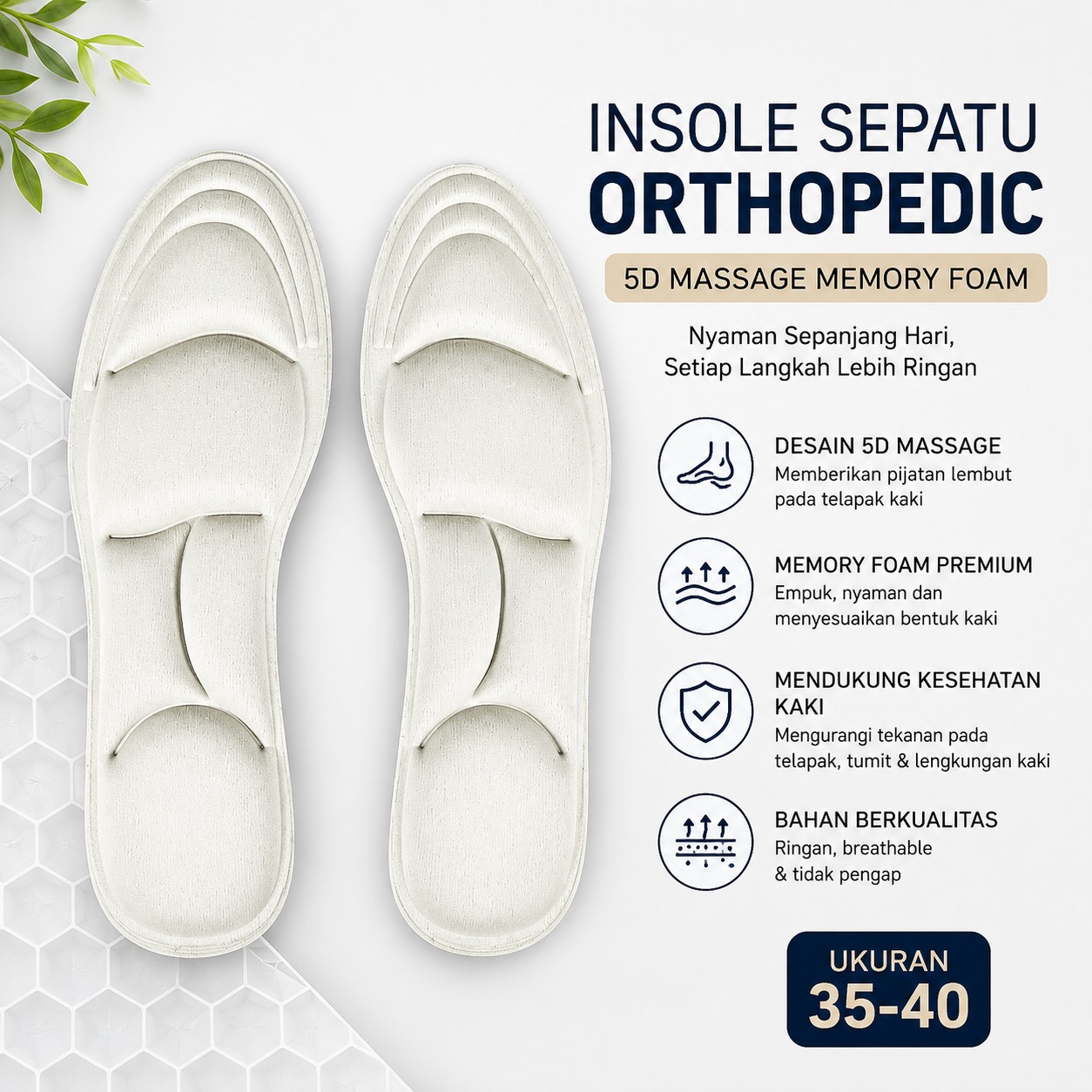 Gambar produk SSPORT Insole Sepatu Orthopedic Breathable 5D Massage Memory Foam 35-40 - 5050 - Utama
