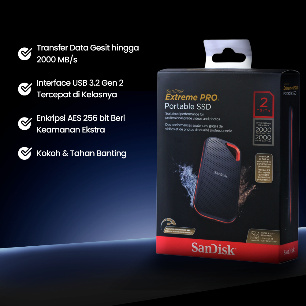 Gambar produk SanDisk Extreme PRO Portable SSD 2000MB/s USB Type C 3.2 2TB - SDSSDE81 - 1
