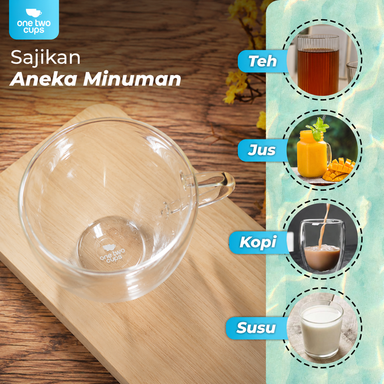 Gambar produk One Two Cups Cangkir Kopi Kaca Tahan Panas Double Wall Love Cup 200ml - CV2103l - 4