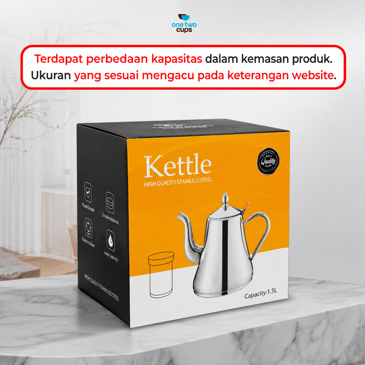 Gambar produk One Two Cups Teko Teh Stainless Steel Saringan Kettle Teapot 1.6L - HS4012 - Kemasan